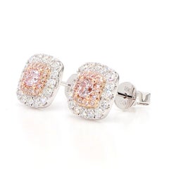 GIA Fancy Light Purplish Pink Cushion Diamond 0.99 Carat TW Gold Earrings