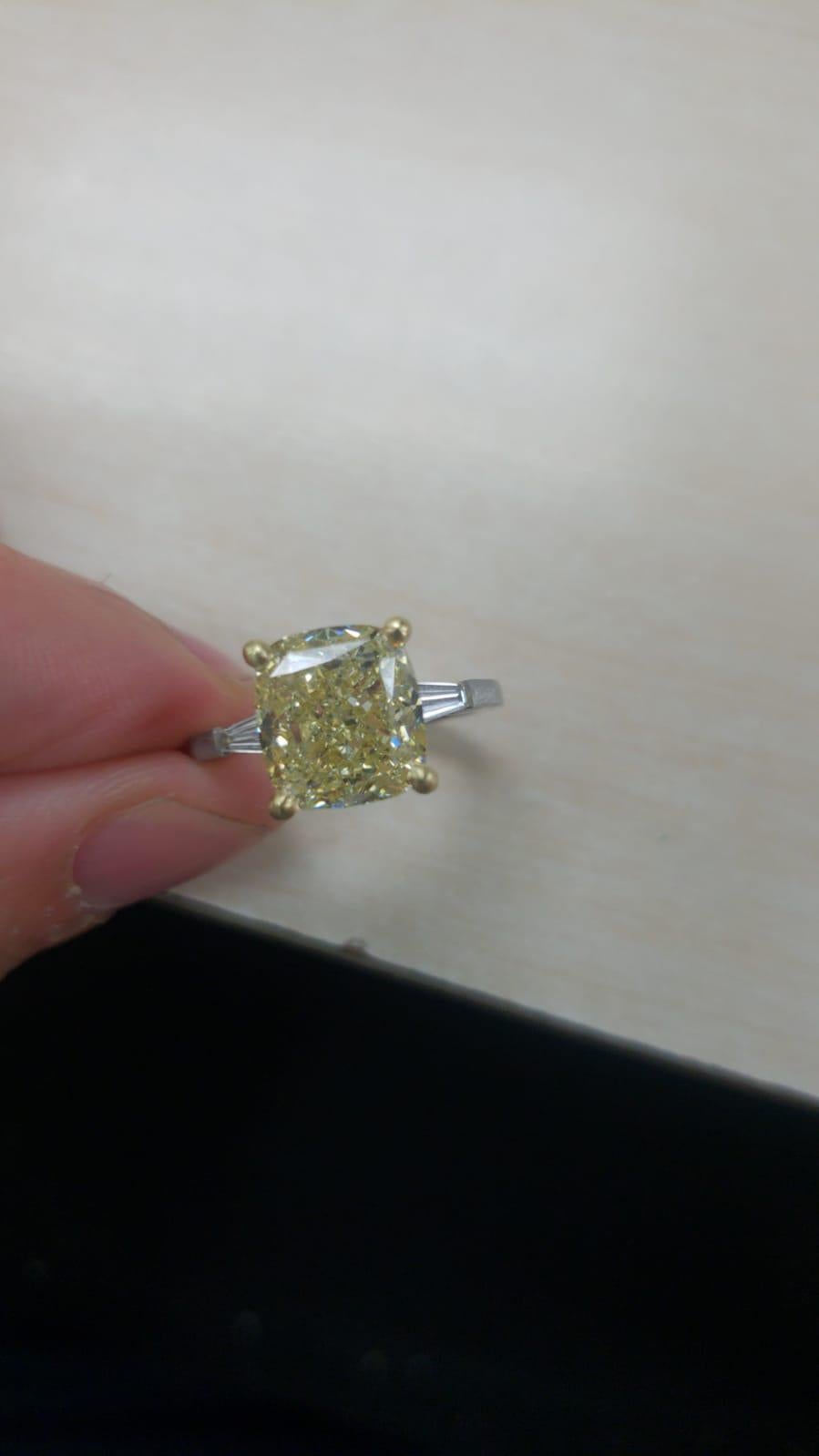 GIA Fancy Light Yellow Cushion 4.20 Carat Diamond Platinum Ring 1