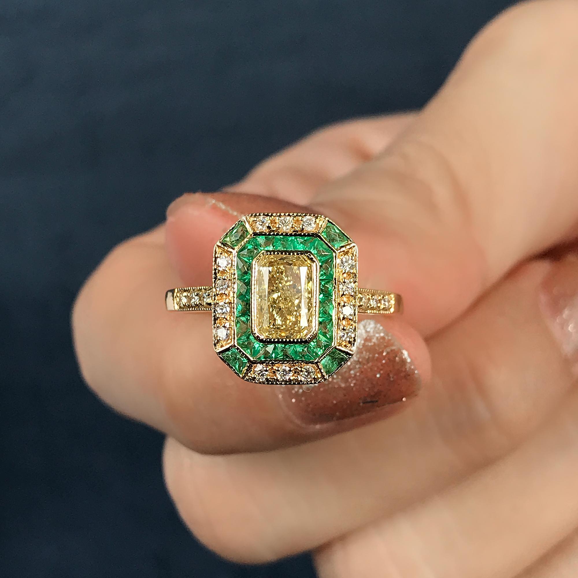 Emerald Cut GIA Fancy Light Yellow Diamond with Emerald and Diamond Halo Art Deco Style Ring For Sale