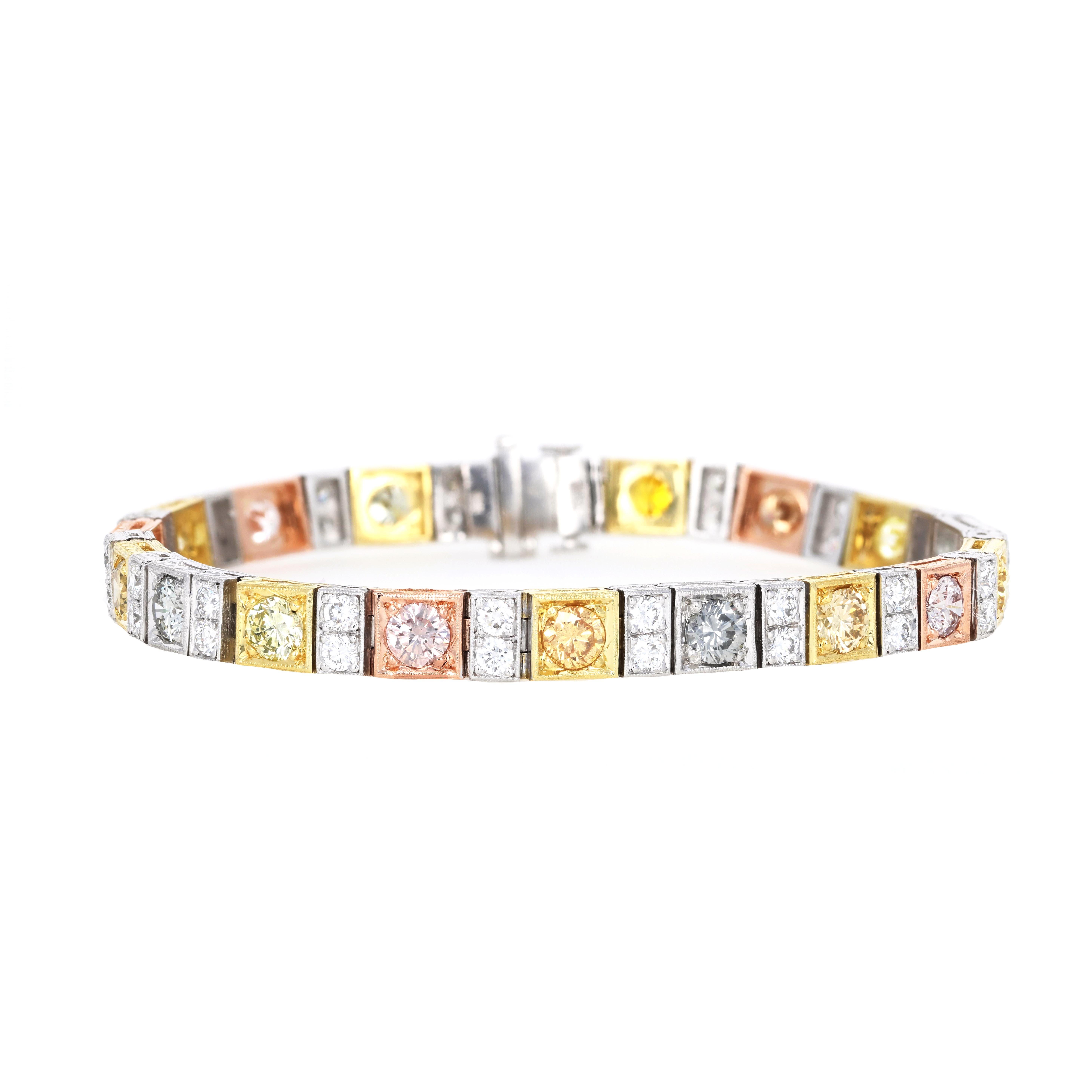 Rétro Bracciale da tennis con diamanti multicolori GIA in vendita