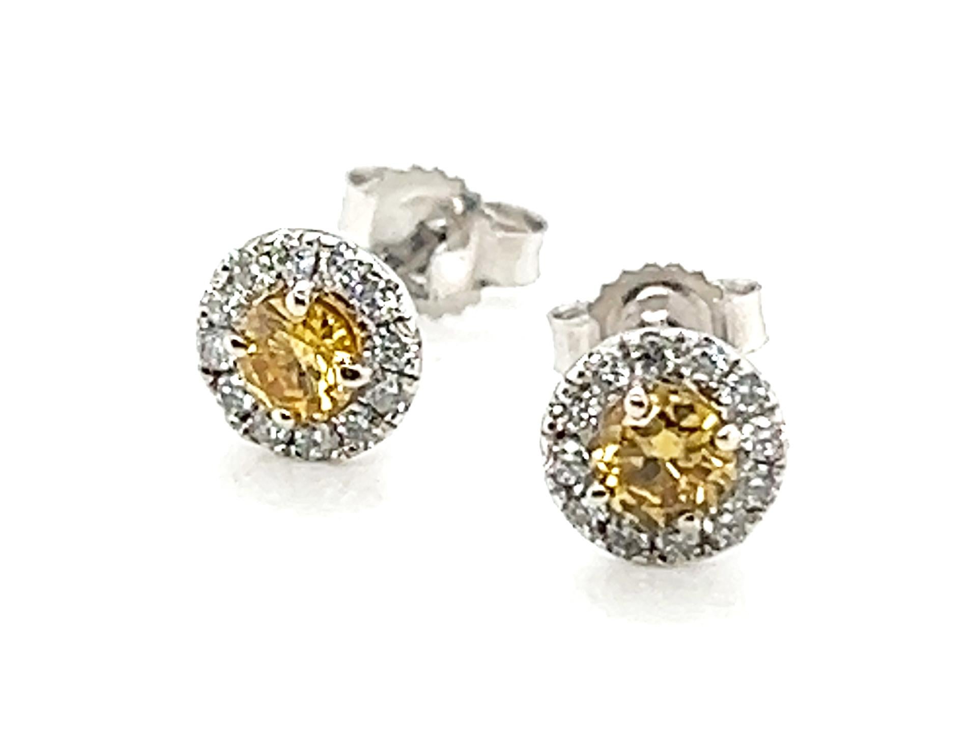 Round Cut GIA Fancy Orangy Yellow Diamond Halo Stud Earrings .83ct Brand New 14K For Sale