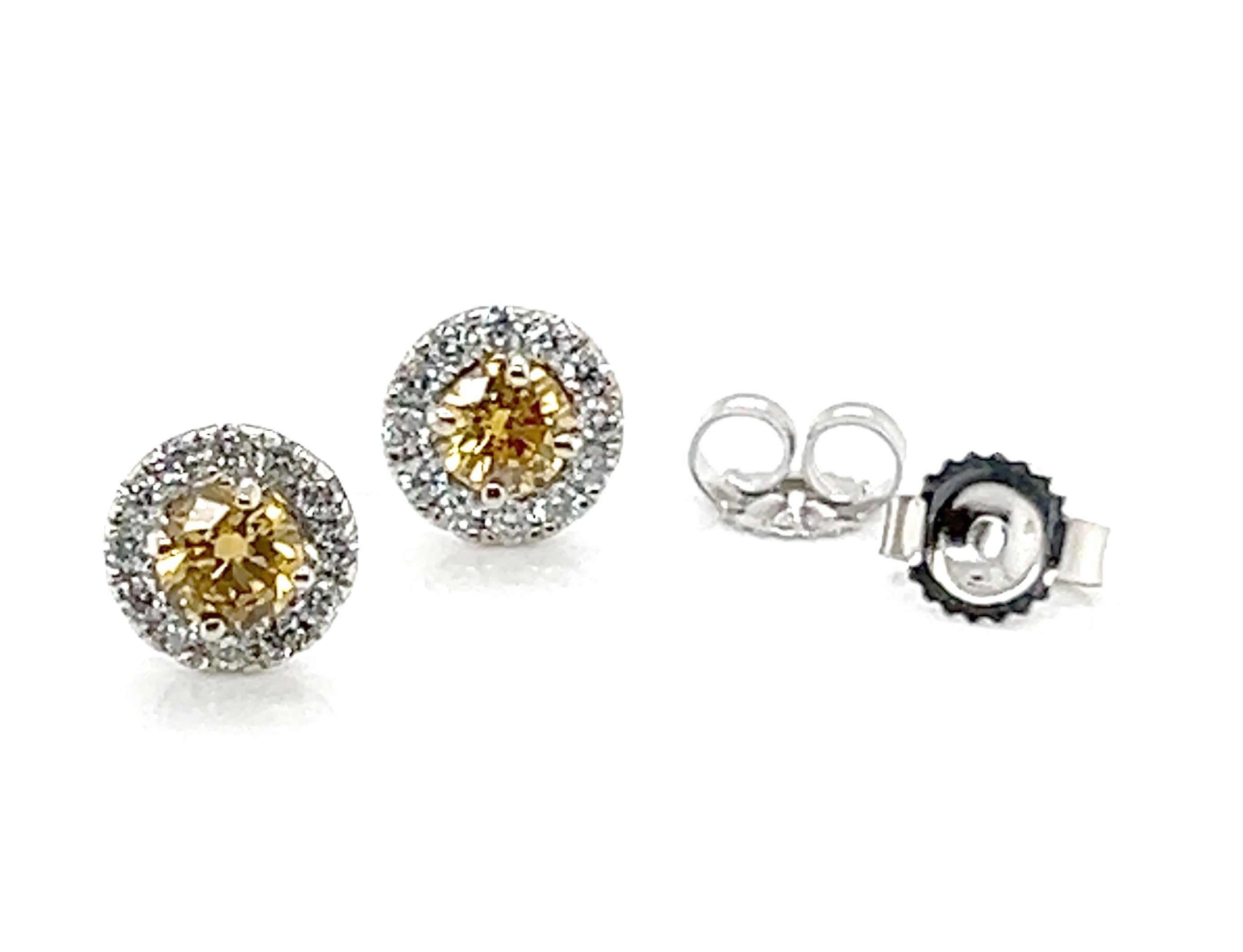 GIA Fancy Orangy Yellow Diamond Halo Stud Earrings .83ct Brand New 14K In New Condition For Sale In Dearborn, MI