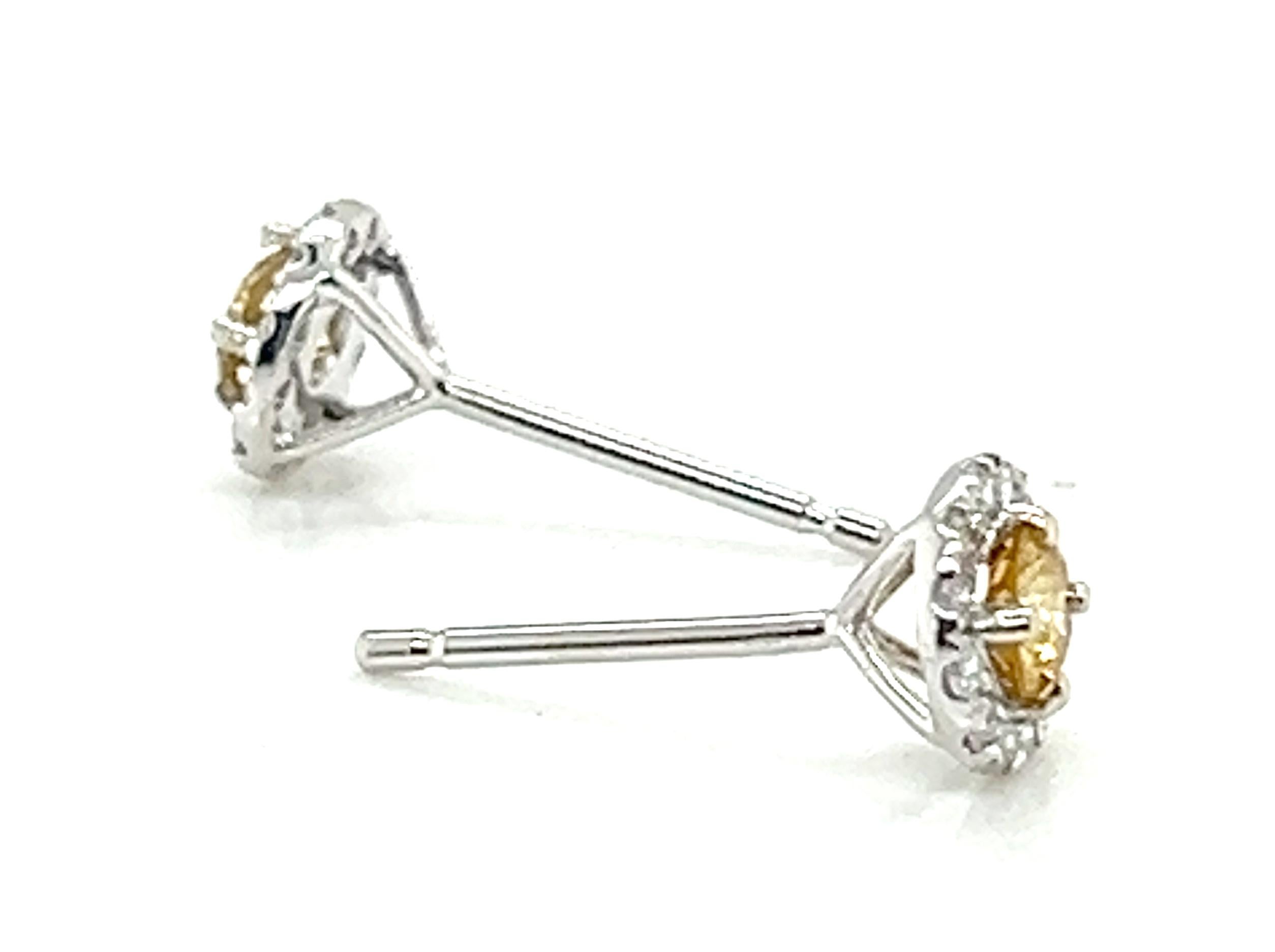 Women's GIA Fancy Orangy Yellow Diamond Halo Stud Earrings .83ct Brand New 14K For Sale