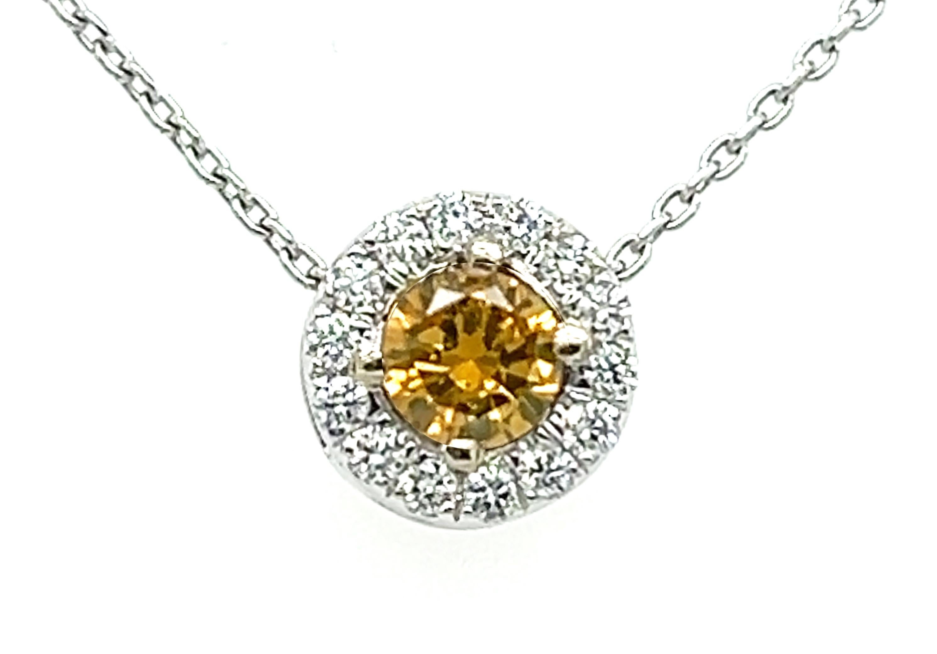 Round Cut GIA Fancy Orangy Yellow Diamond Pendant Diamond Halo Necklace .50ct New 14K For Sale