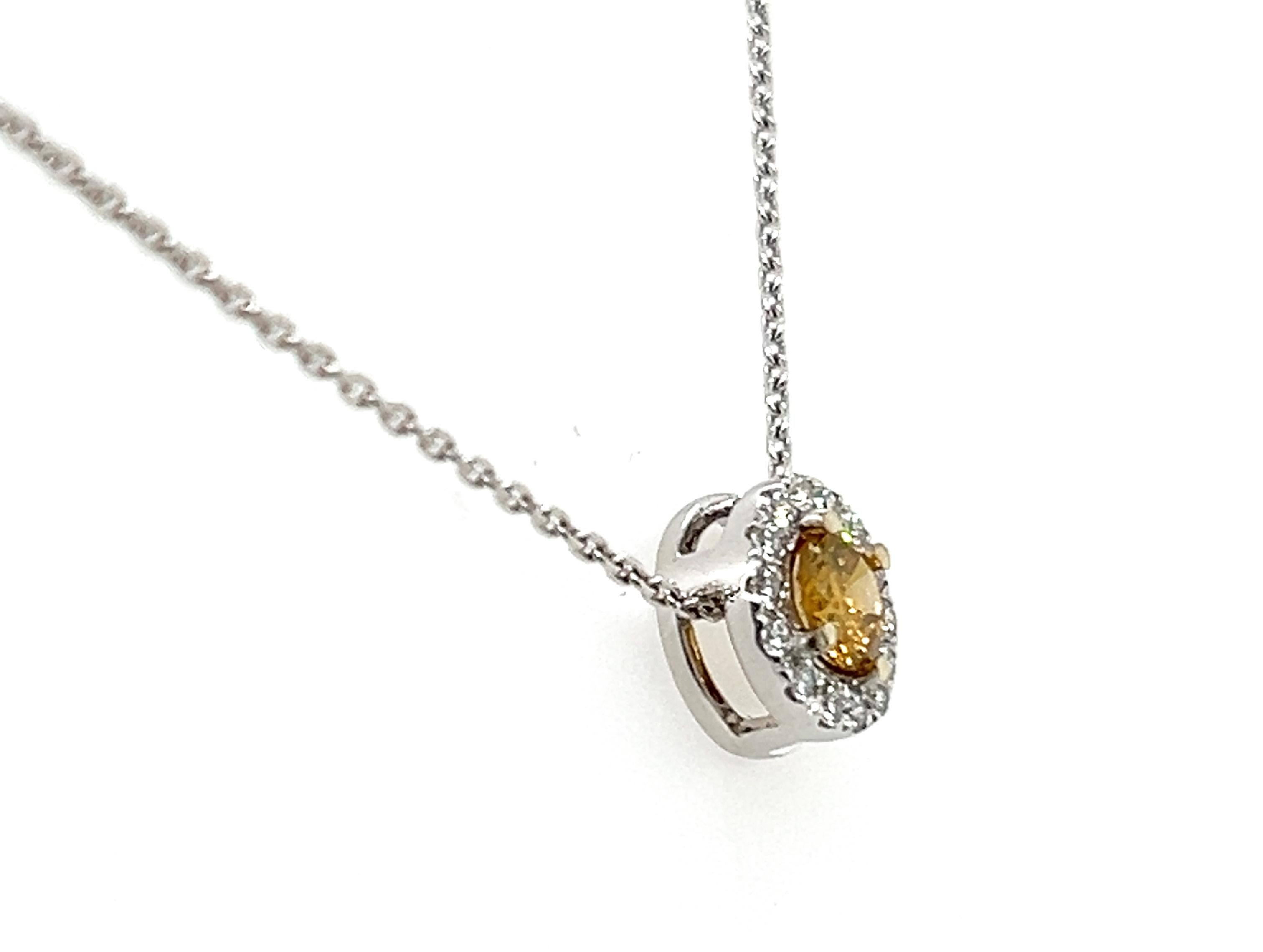 GIA Fancy Orangy Yellow Diamond Pendant Diamond Halo Necklace .50ct New 14K For Sale 1