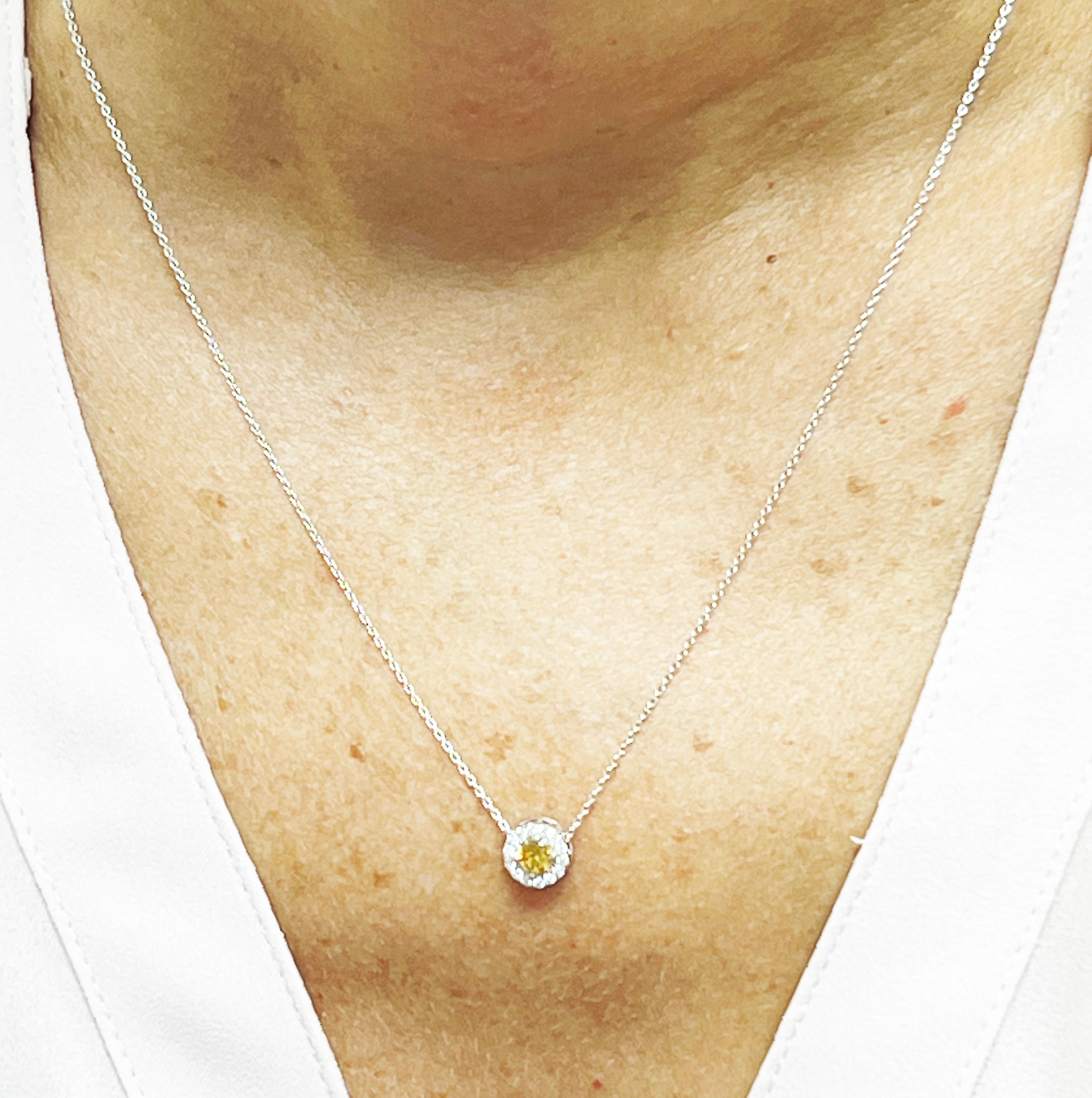GIA Fancy Orangy Yellow Diamond Pendant Diamond Halo Necklace .50ct New 14K For Sale 2