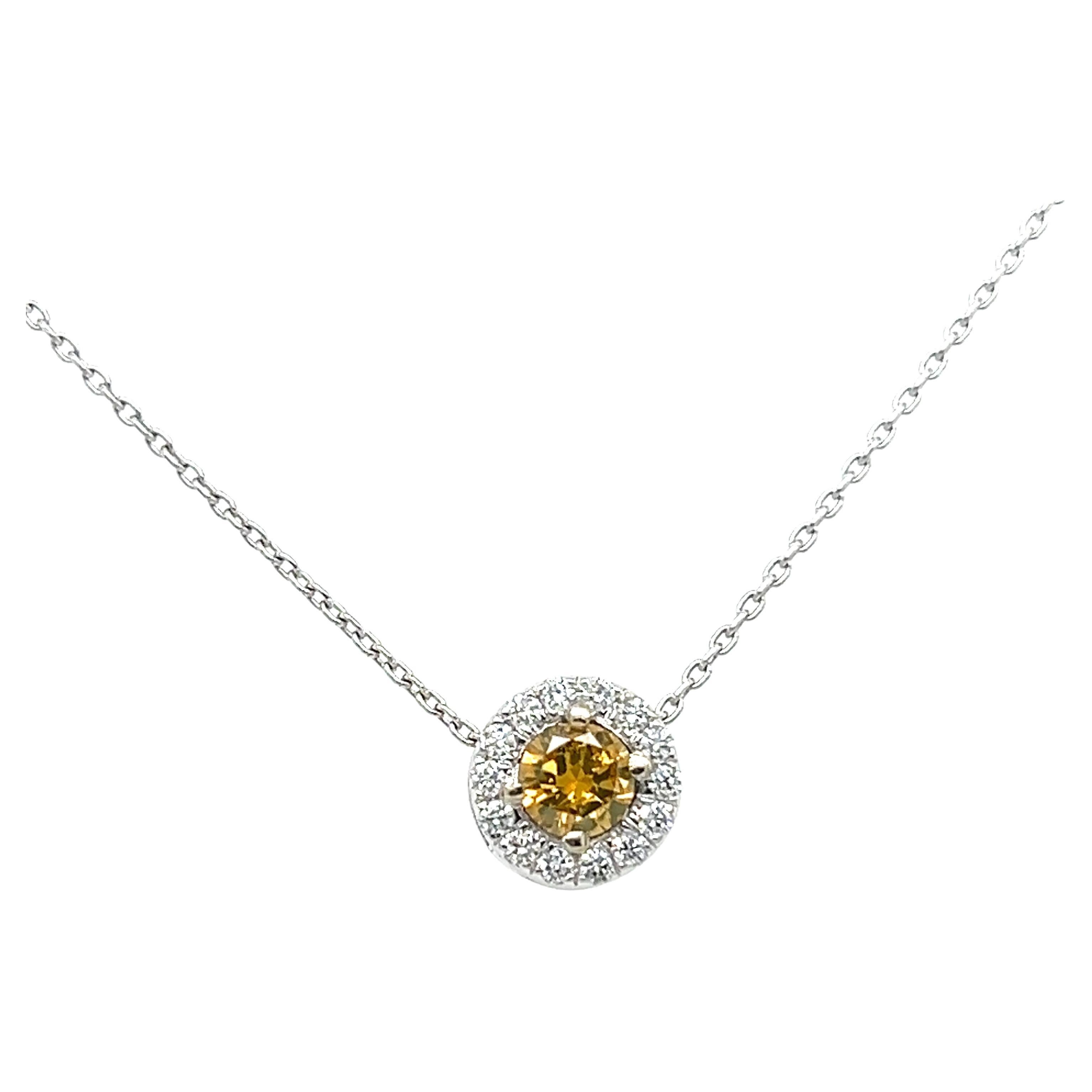 GIA Fancy Orangy Yellow Diamond Pendant Diamond Halo Necklace .50ct New 14K For Sale