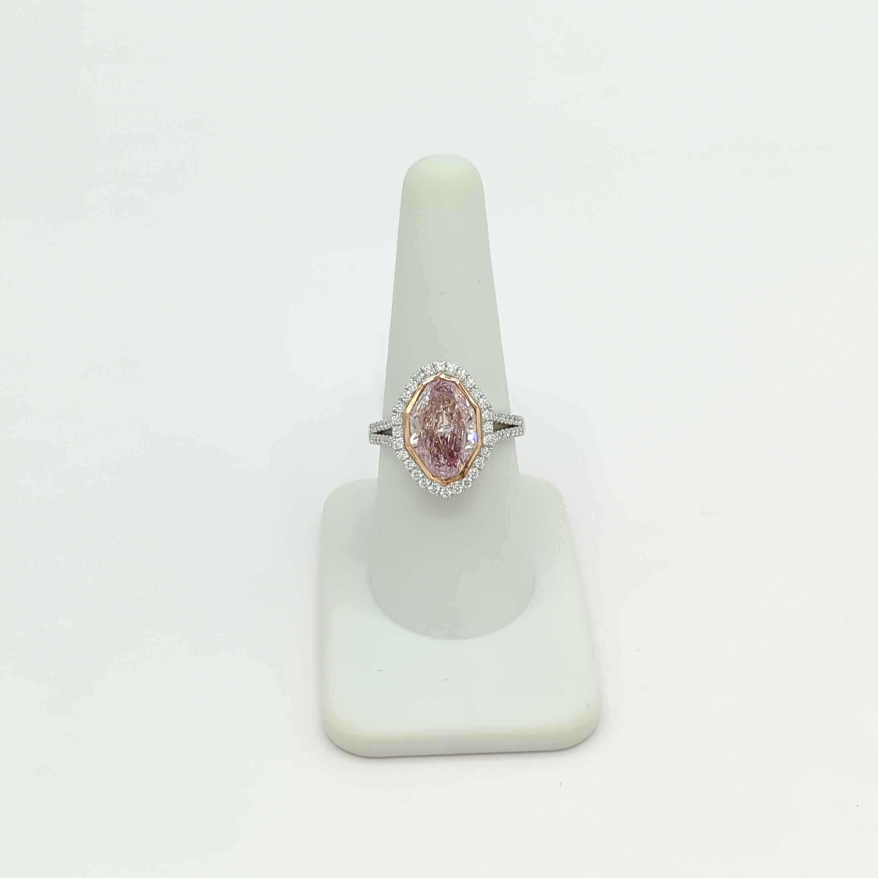 GIA Fancy Pink Marquise and White Diamond Ring in Platinum & 18K Rose Gold For Sale 3