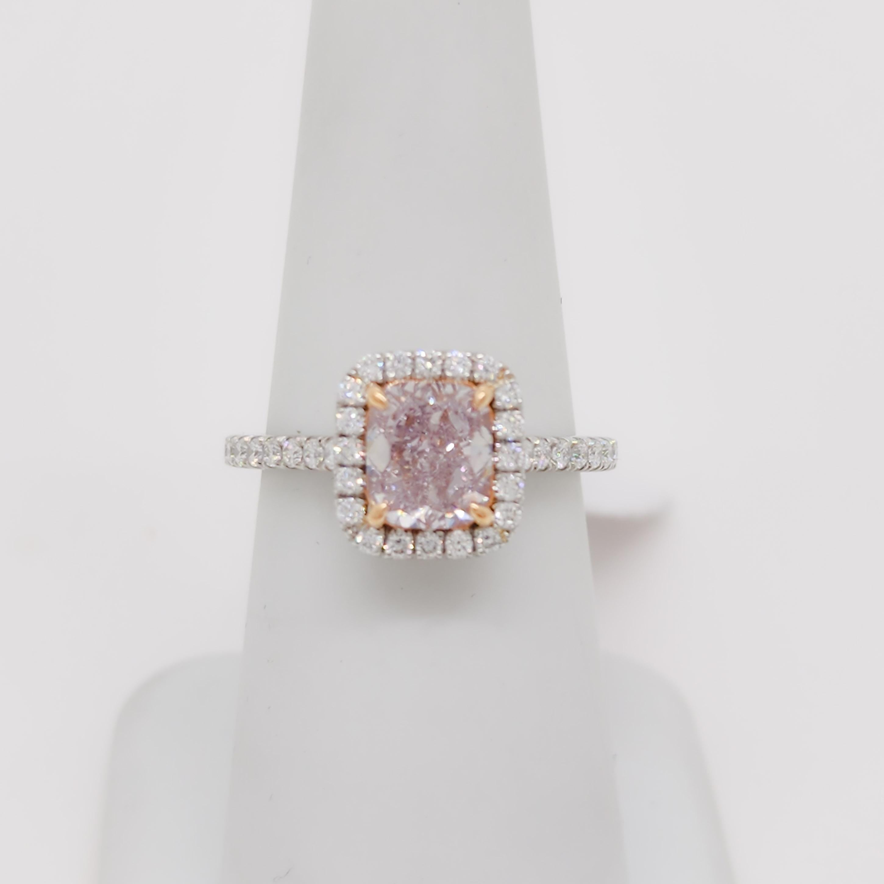 GIA Fancy Purplish Pink Cushion and White Diamond Ring in Platinum and Rose Gold For Sale