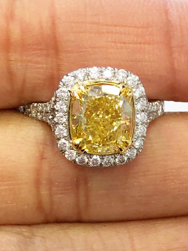 GIA Fancy Vivid Yellow Cushion Diamond Engagement Ring in Platinum and ...
