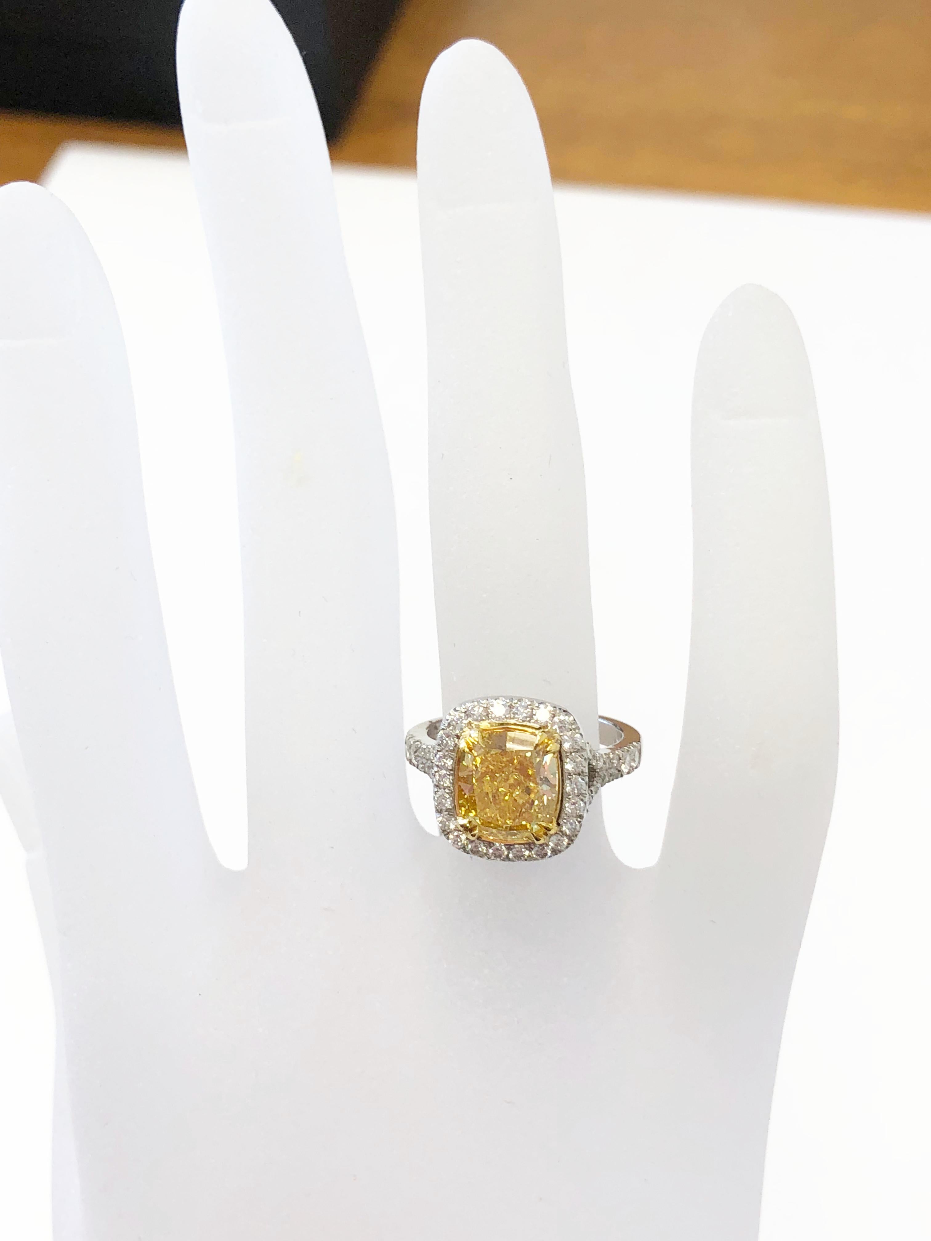 Cushion Cut GIA Fancy Vivid Yellow Cushion Diamond Engagement Ring in Platinum and 18 Karat