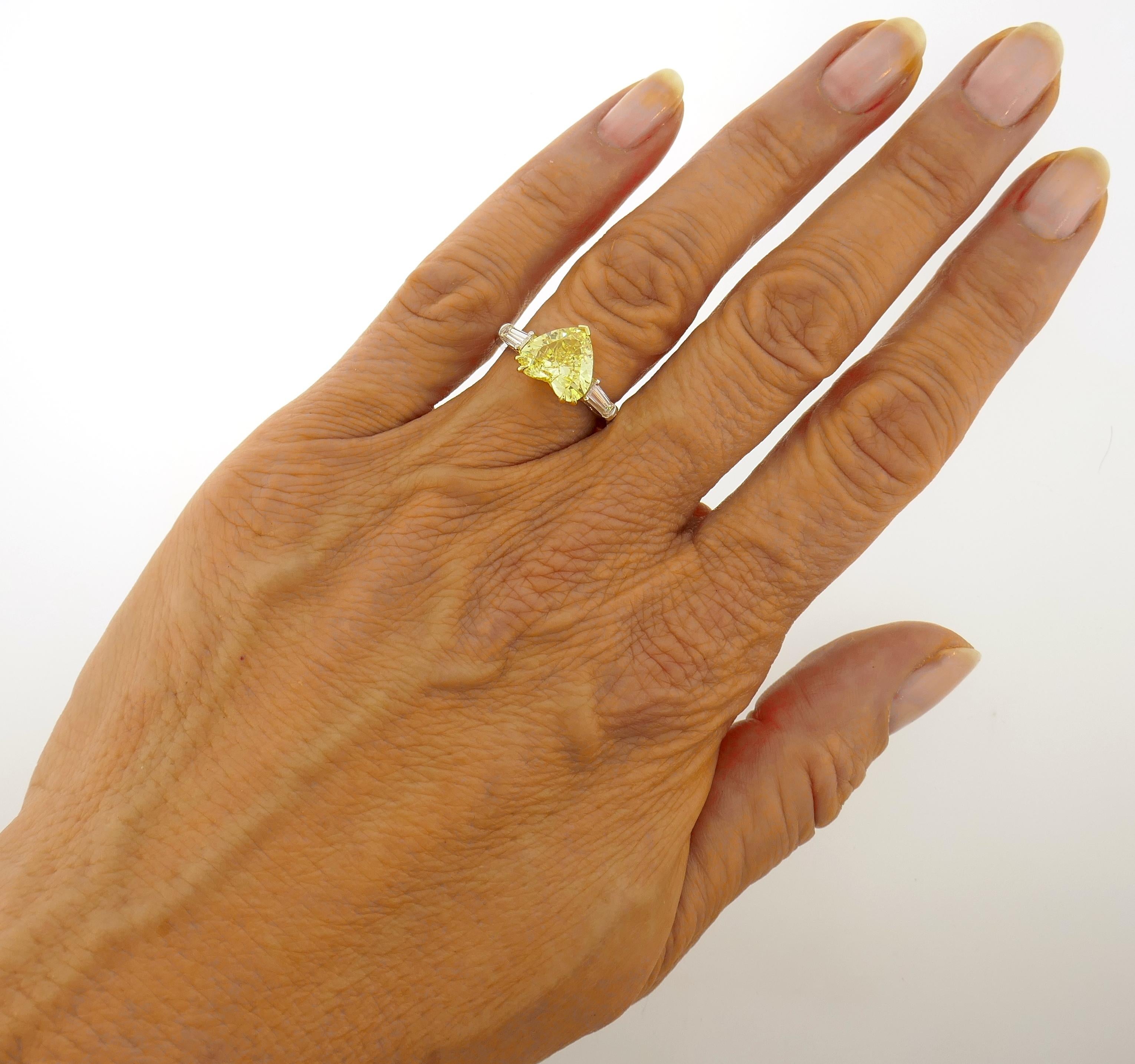 GIA Fancy Vivid Yellow Diamond Platinum Ring 2.64 Carat Heart Solitaire 3