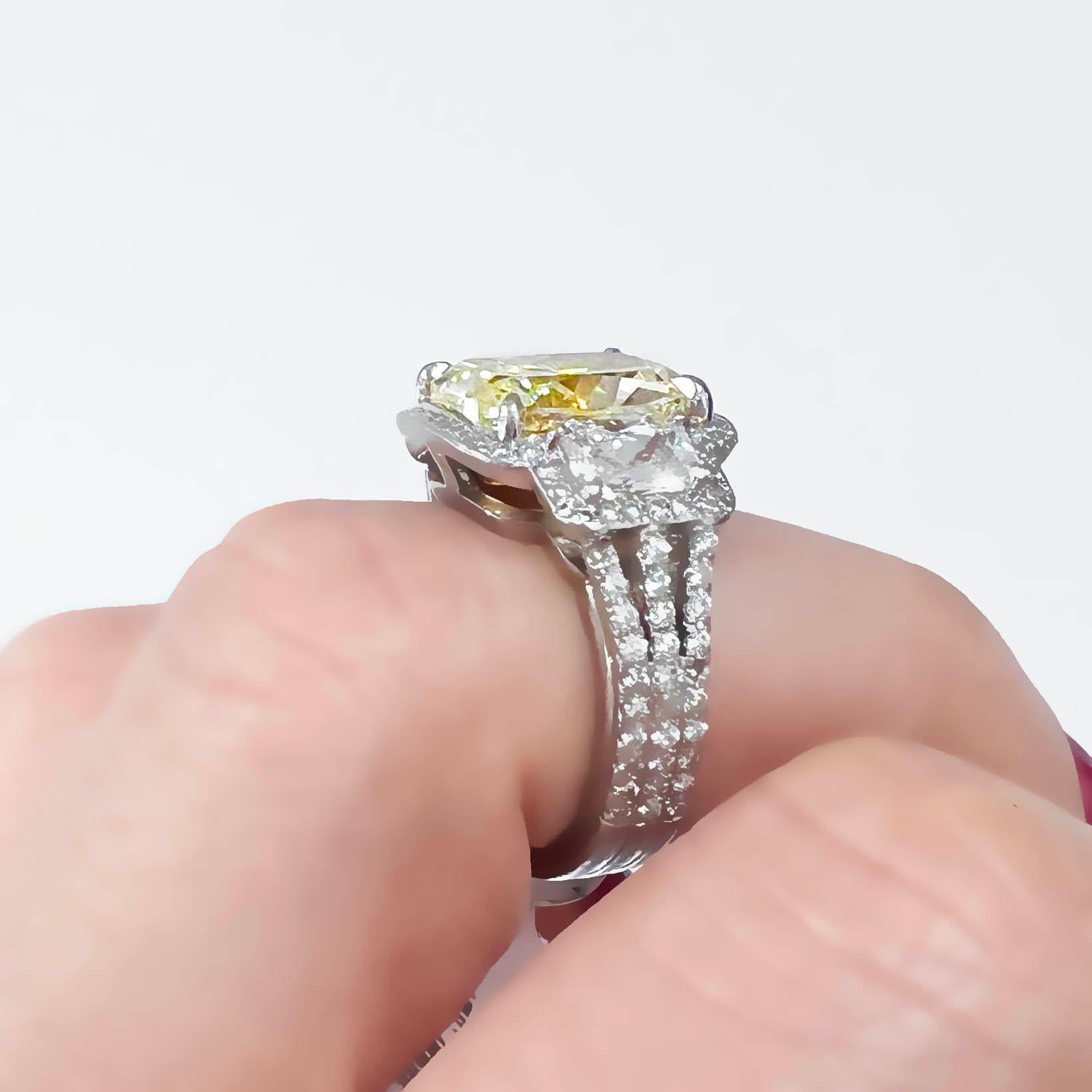 Women's GIA Fancy Yellow 4.04 Carat Cushion-Cut Diamond 3-Stone Engagement Ring For Sale