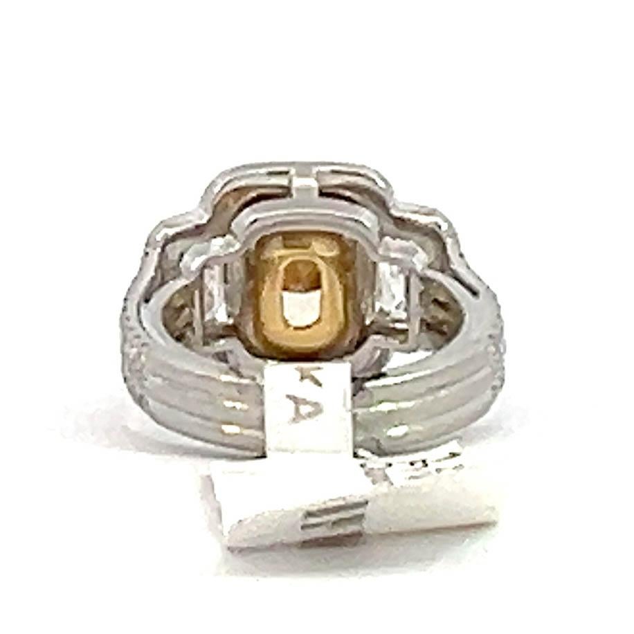 GIA Fancy Yellow 4.04 Carat Cushion-Cut Diamond 3-Stone Engagement Ring For Sale 2