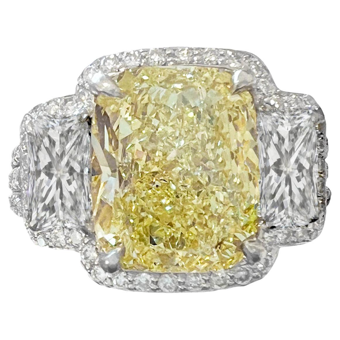 GIA Fancy Yellow 4.04 Carat Cushion-Cut Diamond 3-Stone Engagement Ring