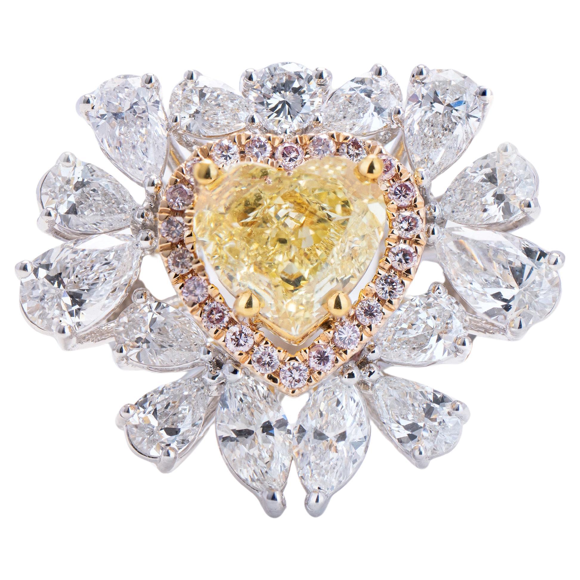 G.I.A Fancy Yellow Diamond Heart Shaped Ring 18kt For Sale