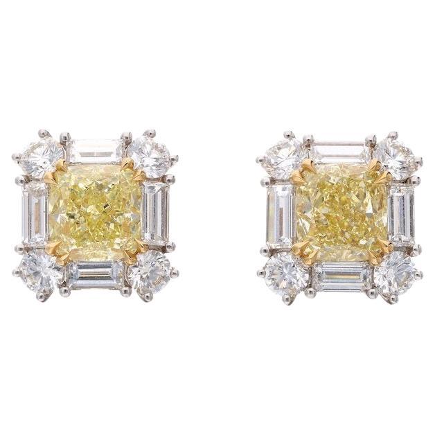 GIA Fancy Yellow Diamond  Stud Earrings 4.04 Cts in 18k White & Yellow Gold  For Sale
