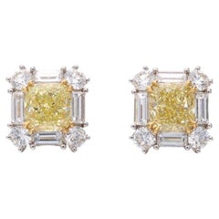 GIA Fancy Yellow Diamond  Stud Earrings 4.04 Cts in 18k White & Yellow Gold 