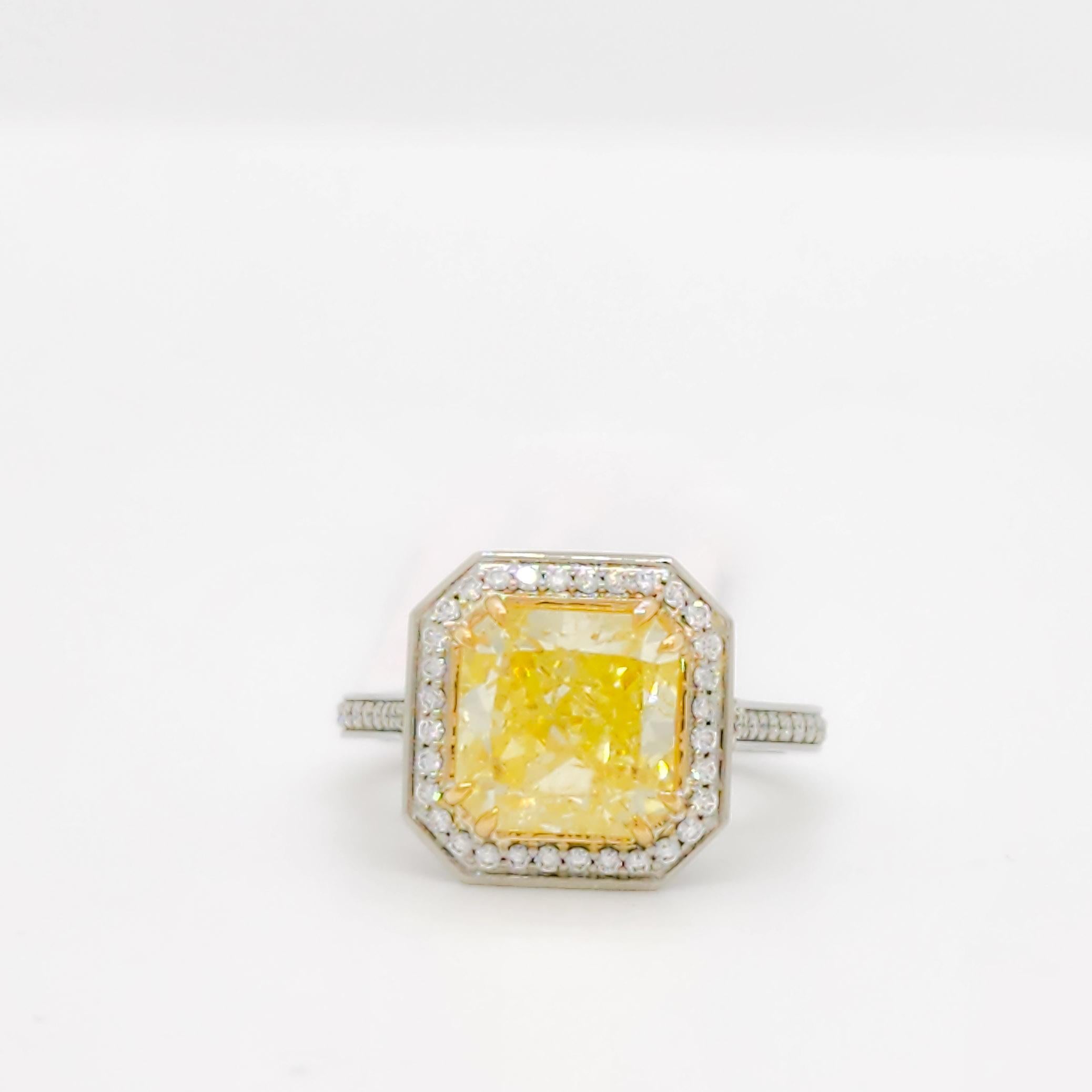 Radiant Cut GIA Fancy Yellow Radiant and White Diamond Ring in 18k For Sale