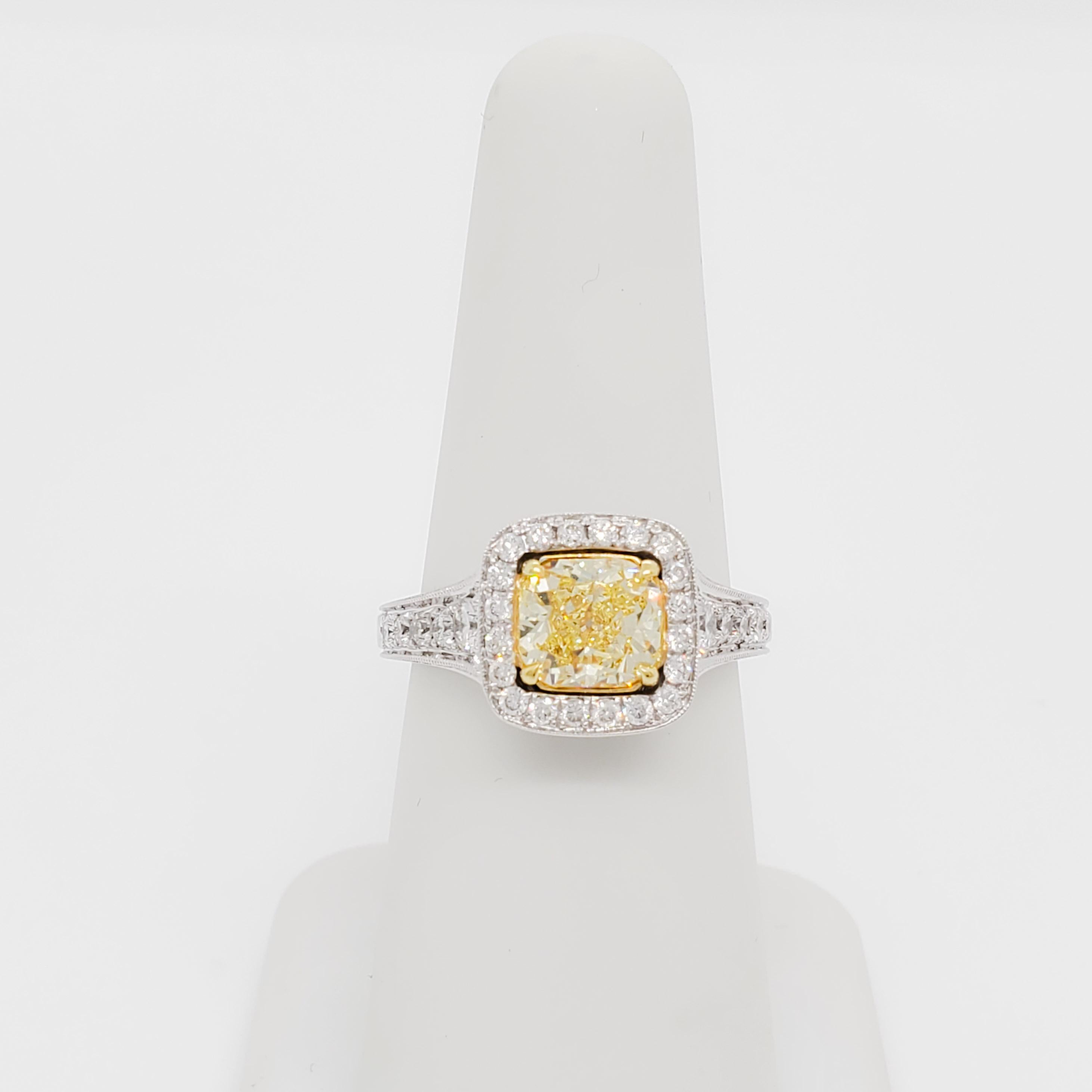GIA Fancy Yellow Radiant and White Diamond Ring in 18k For Sale 1