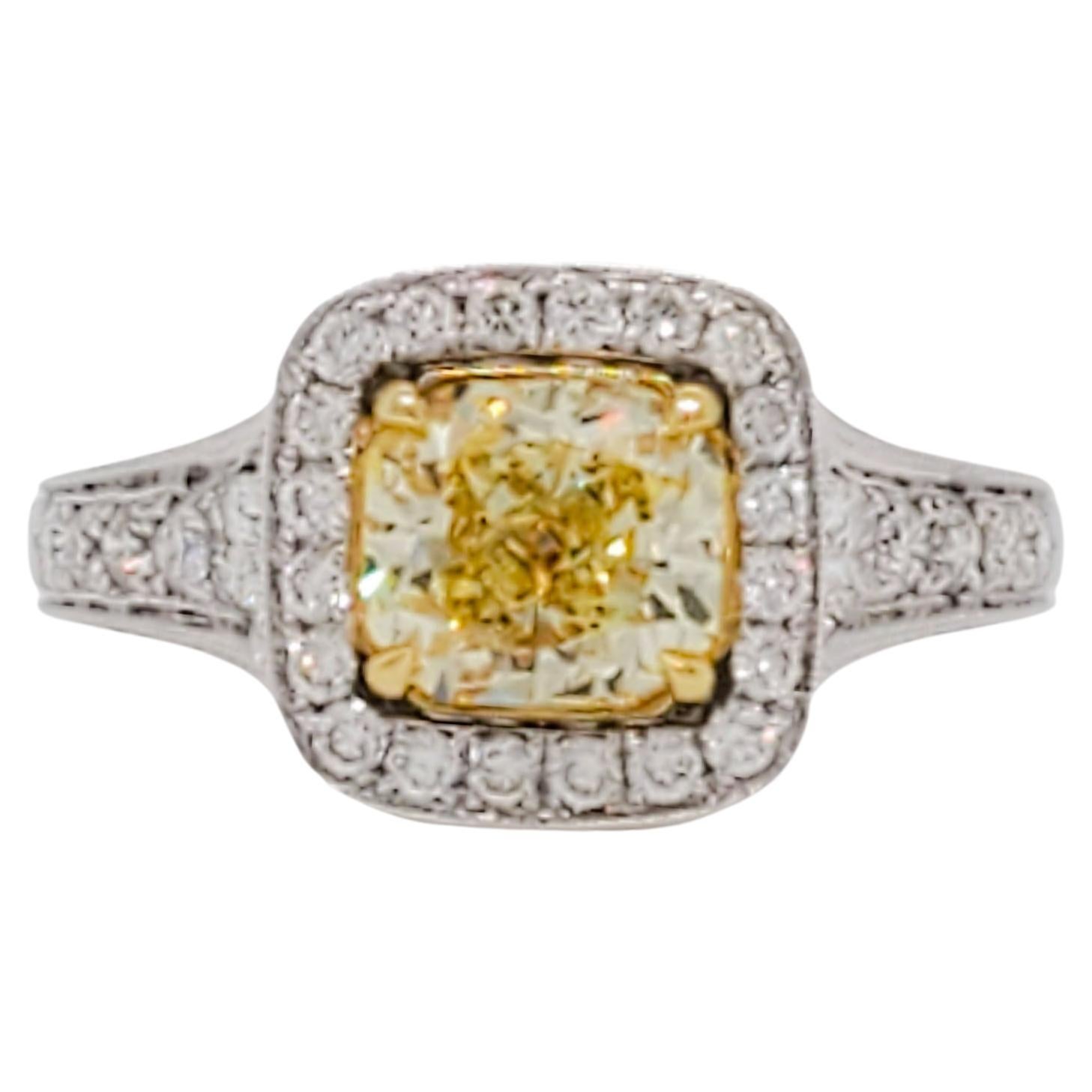 GIA Fancy Yellow Radiant and White Diamond Ring in 18k For Sale