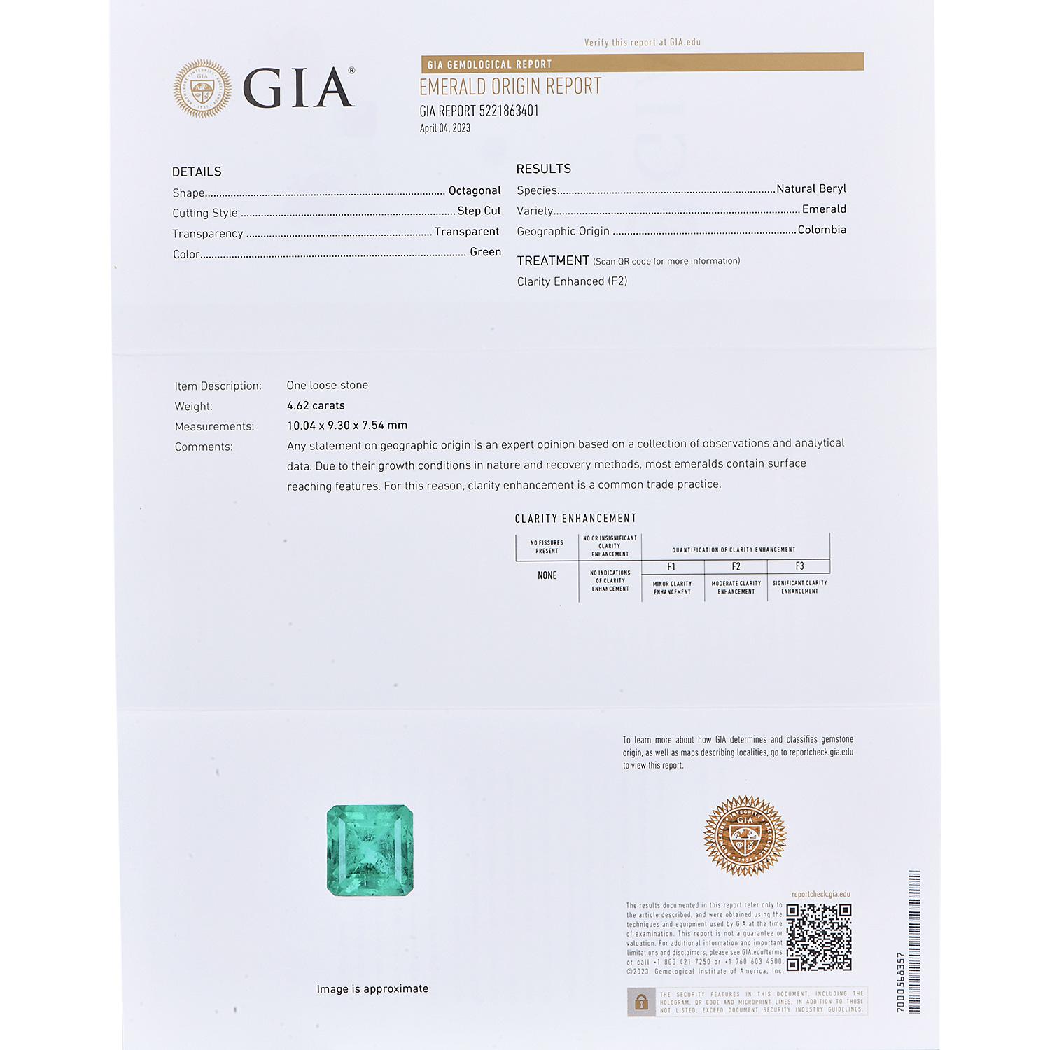 Rétro GIA Fine 4.72cts Asscher-cut Colombian Emerald Gold Solitaire Ring en vente