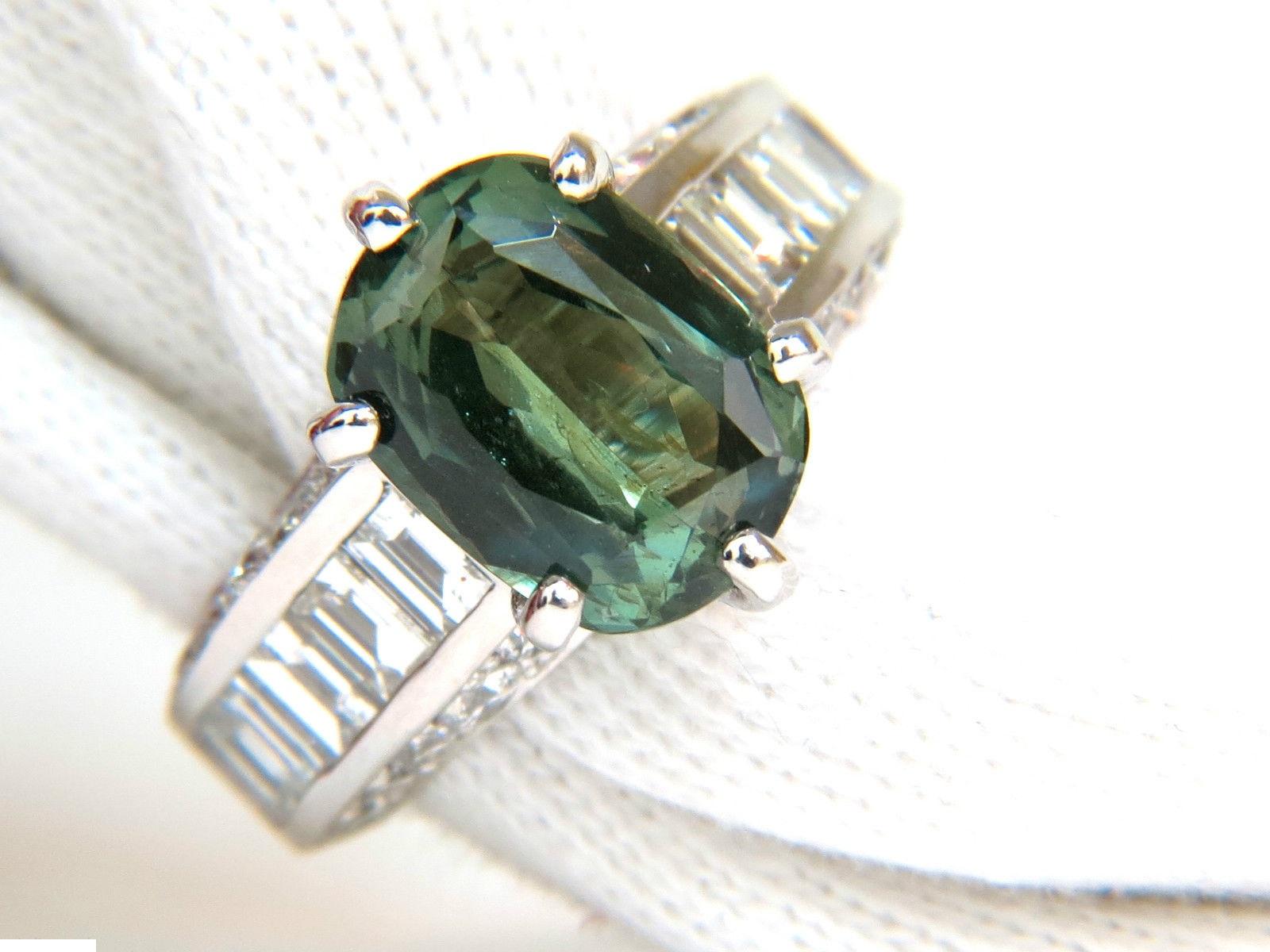 GIA Fine Gem Green 7.60 Carat Natural Chrysoberyl Diamond Ring For Sale 1