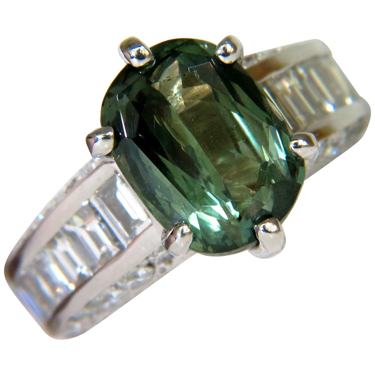 GIA Fine Gem Green 7.60 Carat Natural Chrysoberyl Diamond Ring For Sale