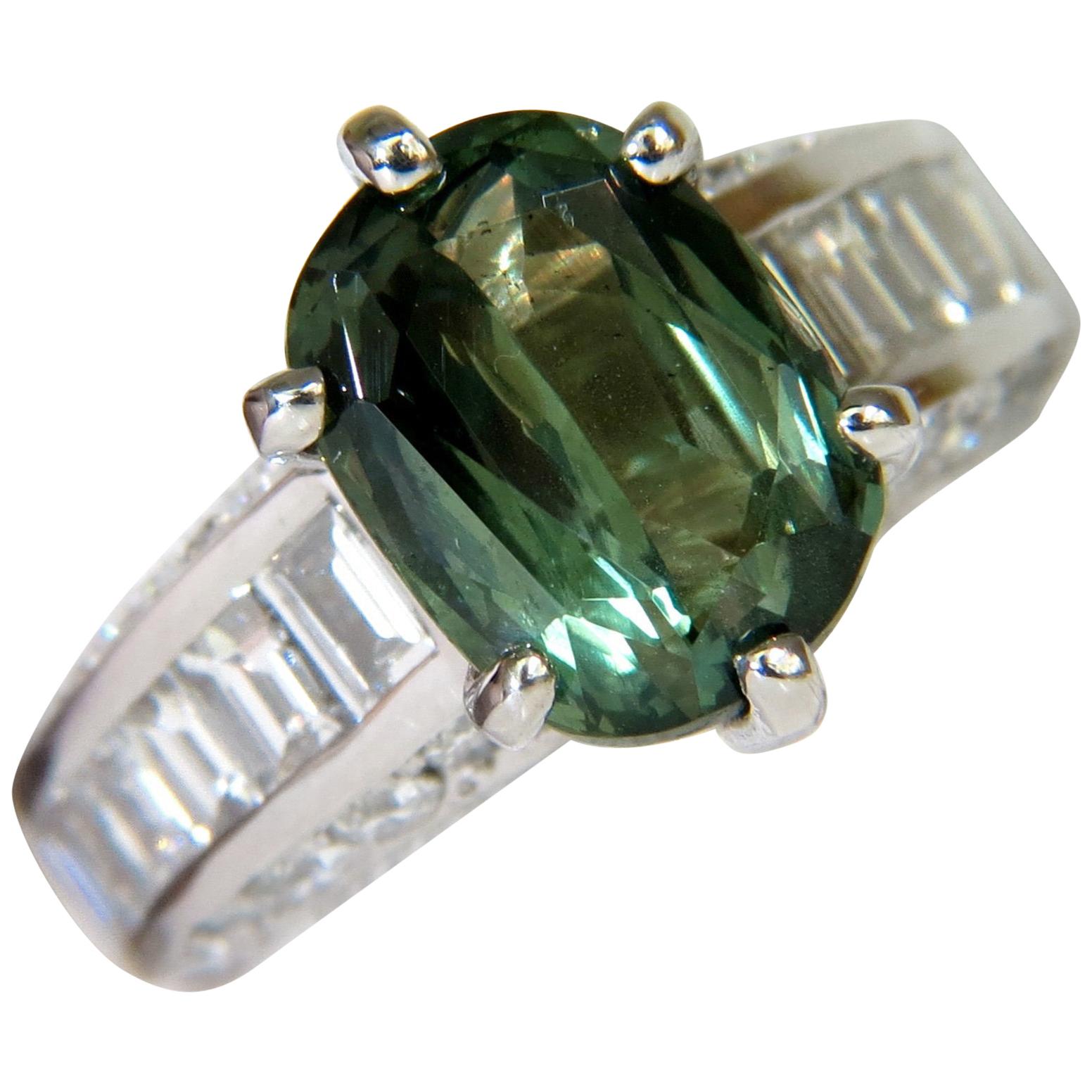 GIA Fine Gem Green 7.60 Carat Natural Chrysoberyl Diamond Ring For Sale