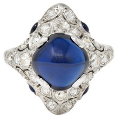 GIA French Art Deco 6.97 CTW No Heat Sapphire Diamond Platinum Dinner Ring 
