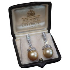 GIA Golden Pearl Platinum Diamond Earrings Vintage South Sea VS Fine 2.62 Carats