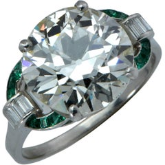 Antique GIA Graded 6.19 Carat Art Deco Diamond and Emerald Engagement Ring