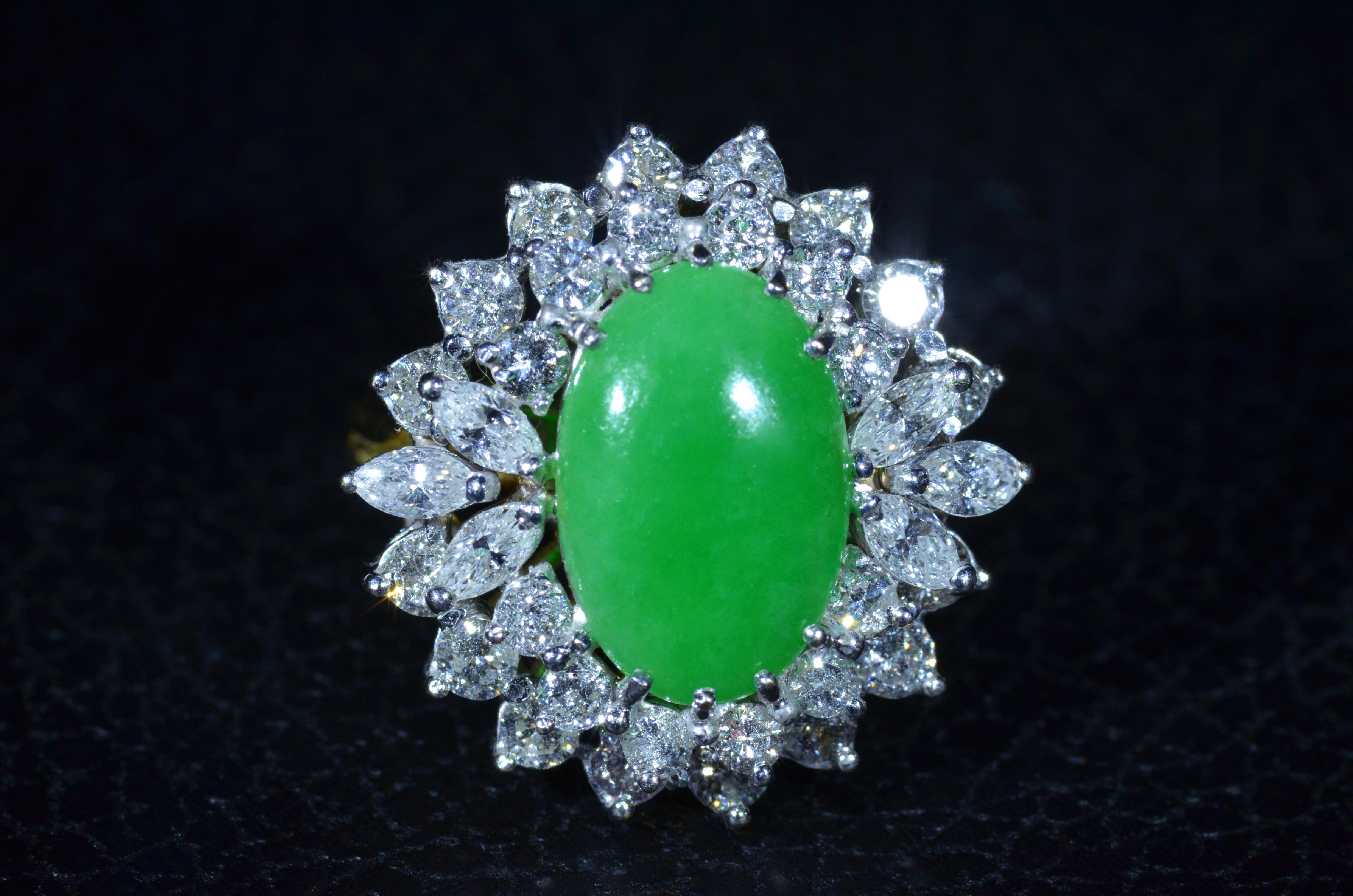 Retro GIA Graded Natural Jadeite Jade Ring Set with 2.00 Carat Diamonds in 18 Karat For Sale