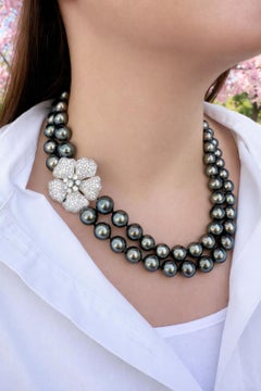 GIA Gray Large Tahitian Pearl Dual Strand Necklace 10ctw Diamond Flower Clasp