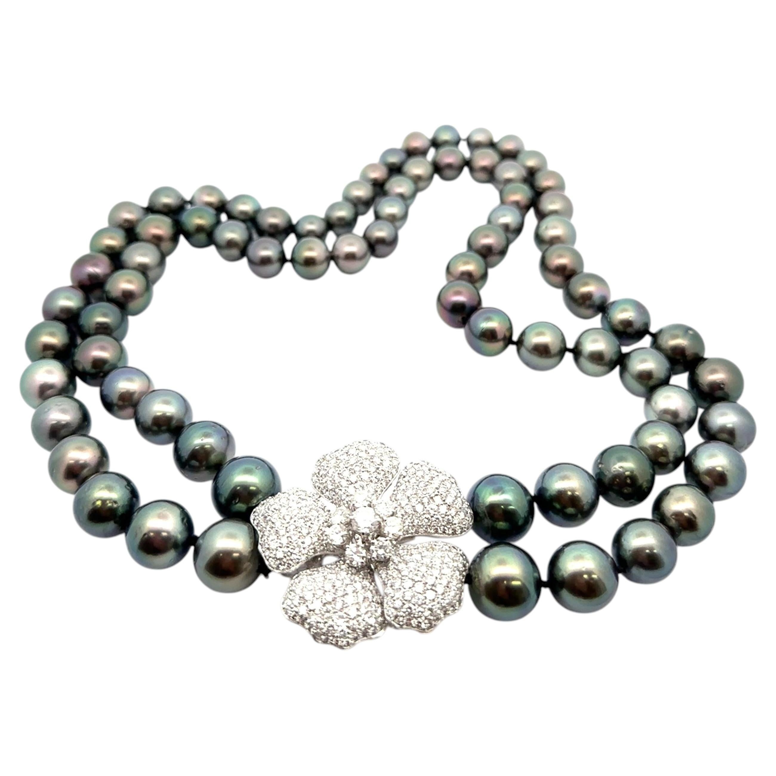 GIA Gray Large Tahitian Pearl Dual Strand Necklace 10ctw Diamond Flower Clasp