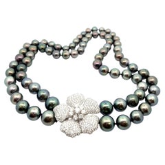 GIA Gray Large Tahitian Pearl Dual Strand Necklace 10ctw Diamond Flower Clasp