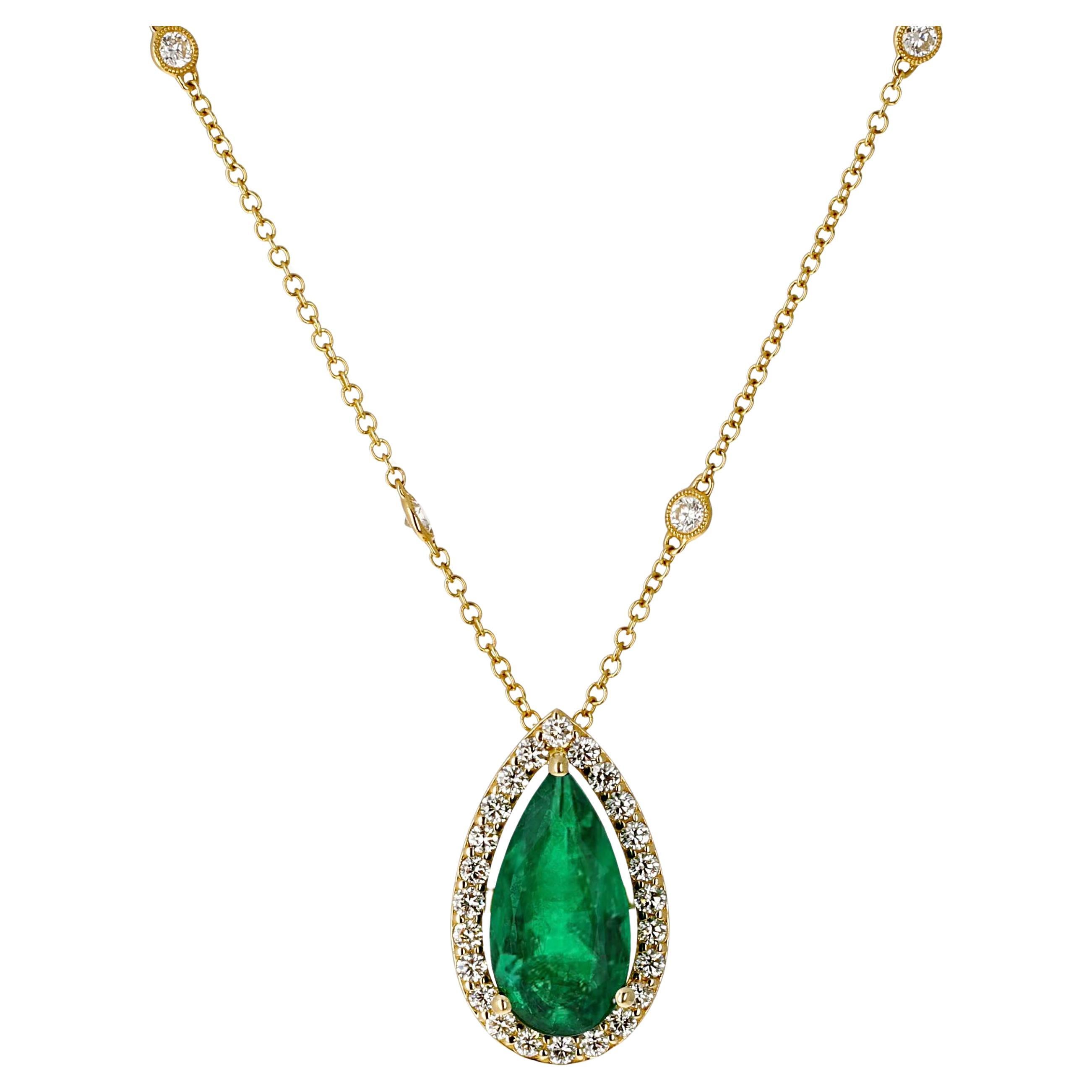 GIA Green Emerald and Diamond Yellow Gold Pendant For Sale