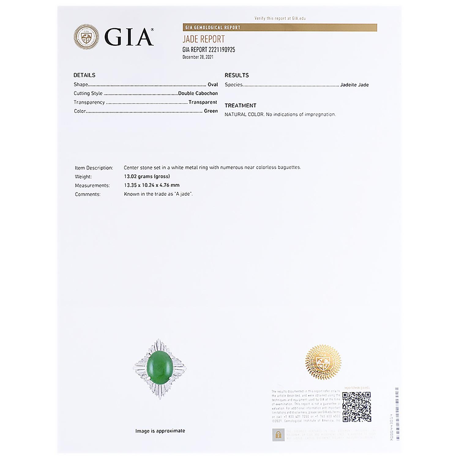 Modern GIA Green Jade Diamond Platinum Ballerina Cocktail Ring For Sale