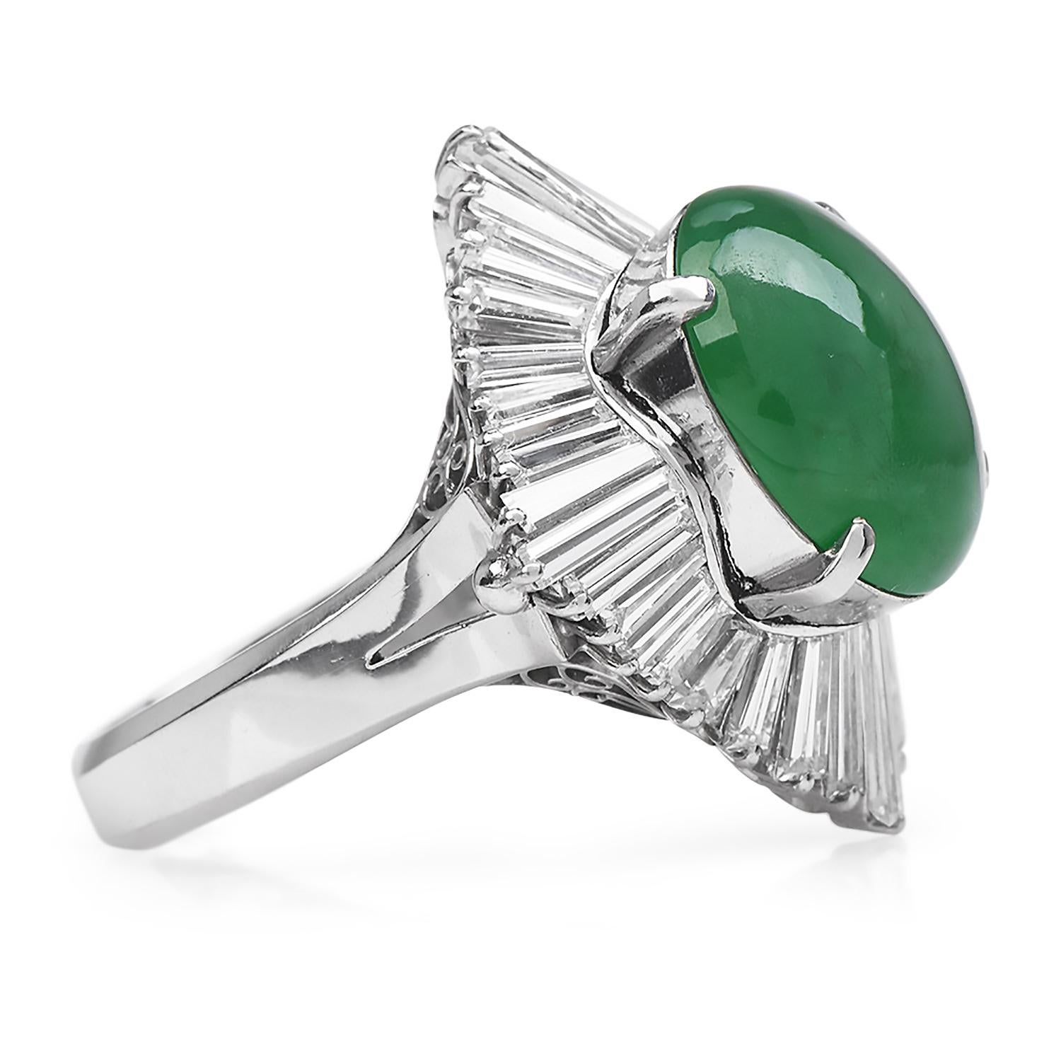 Women's or Men's GIA Green Jade Diamond Platinum Ballerina Cocktail Ring For Sale