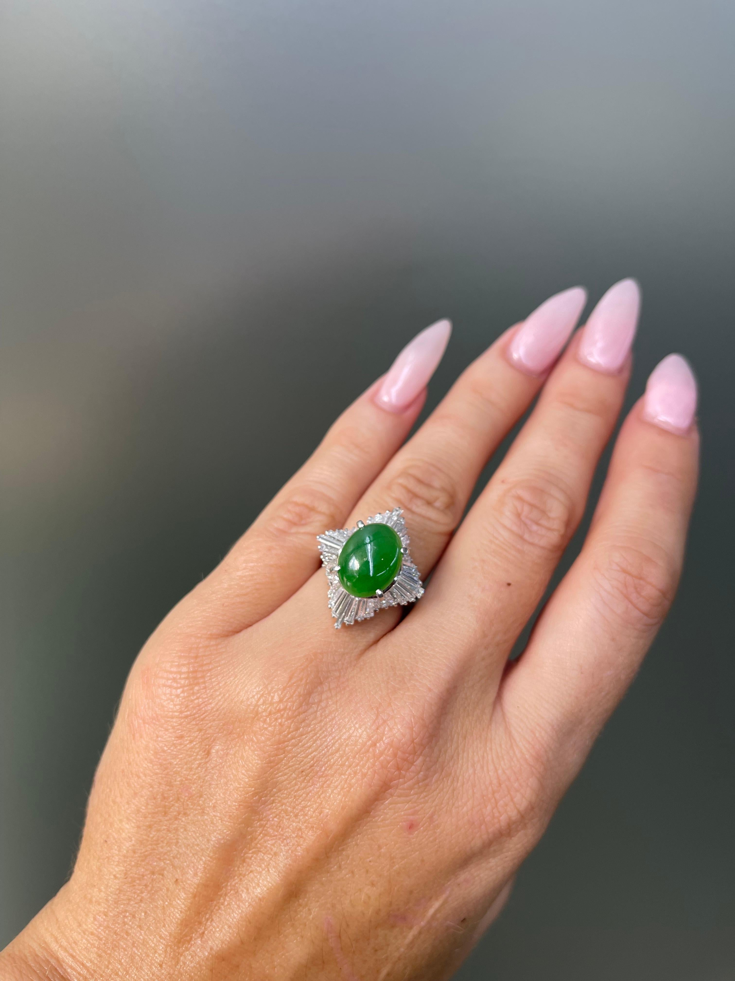 GIA Green Jade Diamond Platinum Ballerina Cocktail Ring For Sale 2