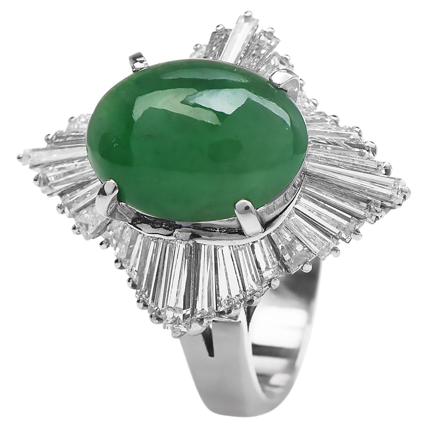GIA Green Jade Diamond Platinum Ballerina Cocktail Ring In Excellent Condition For Sale In Miami, FL
