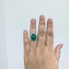 GIA Green Jadeite Oval Cabochon and White Diamond Ring in Platinum