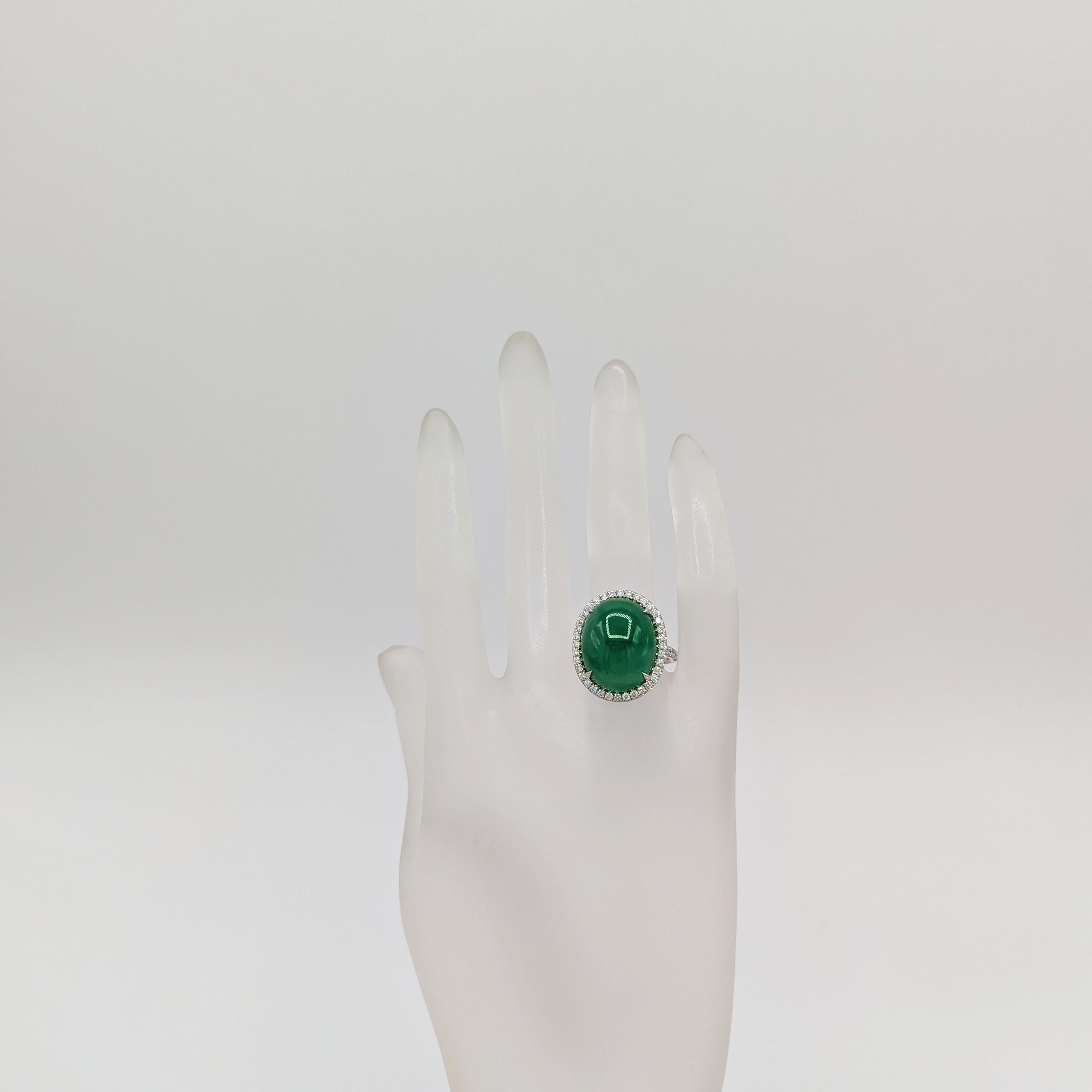 Oval Cut GIA Green Jadeite Oval Cabochon and White Diamond Ring in Platinum For Sale