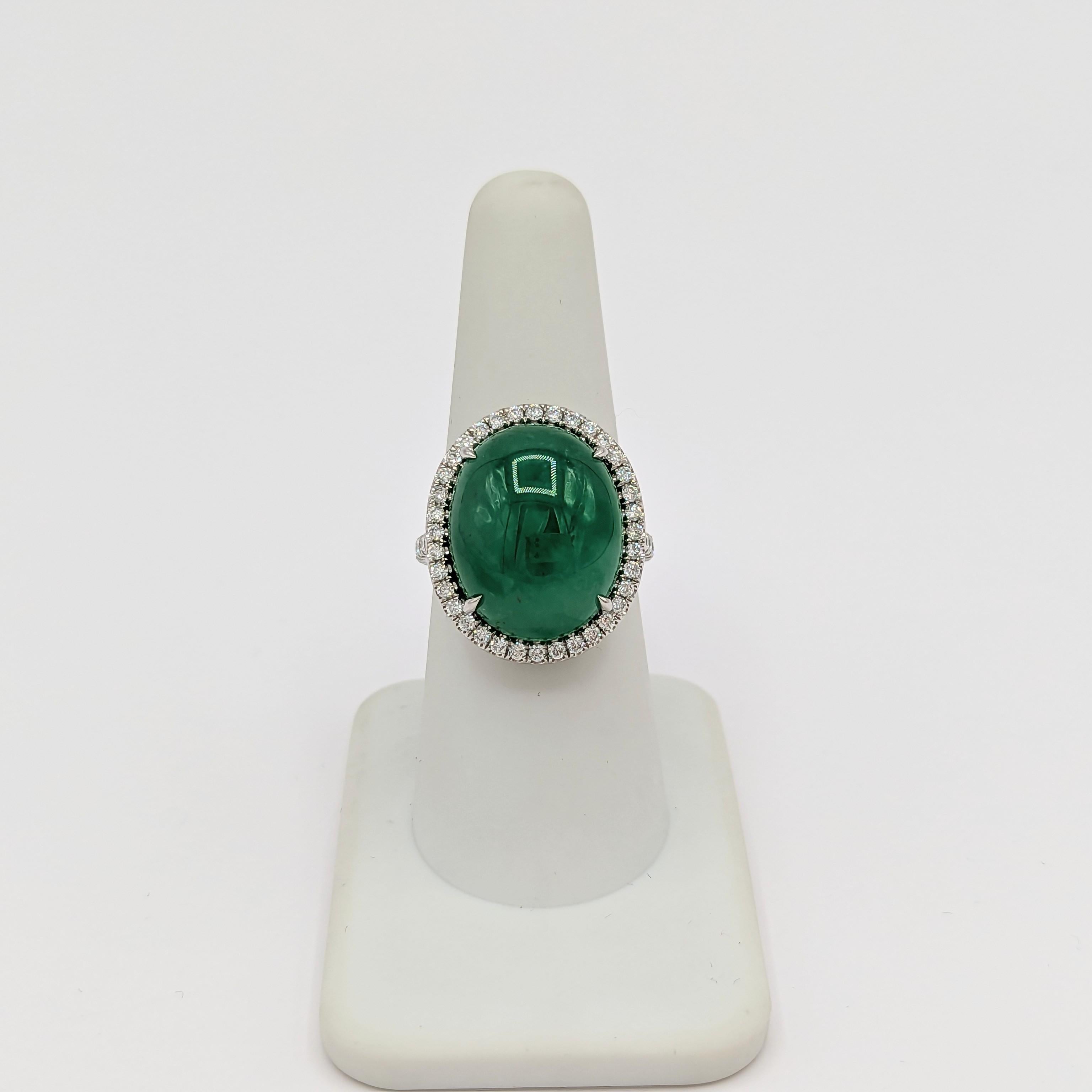 GIA Green Jadeite Oval Cabochon and White Diamond Ring in Platinum In New Condition For Sale In Los Angeles, CA