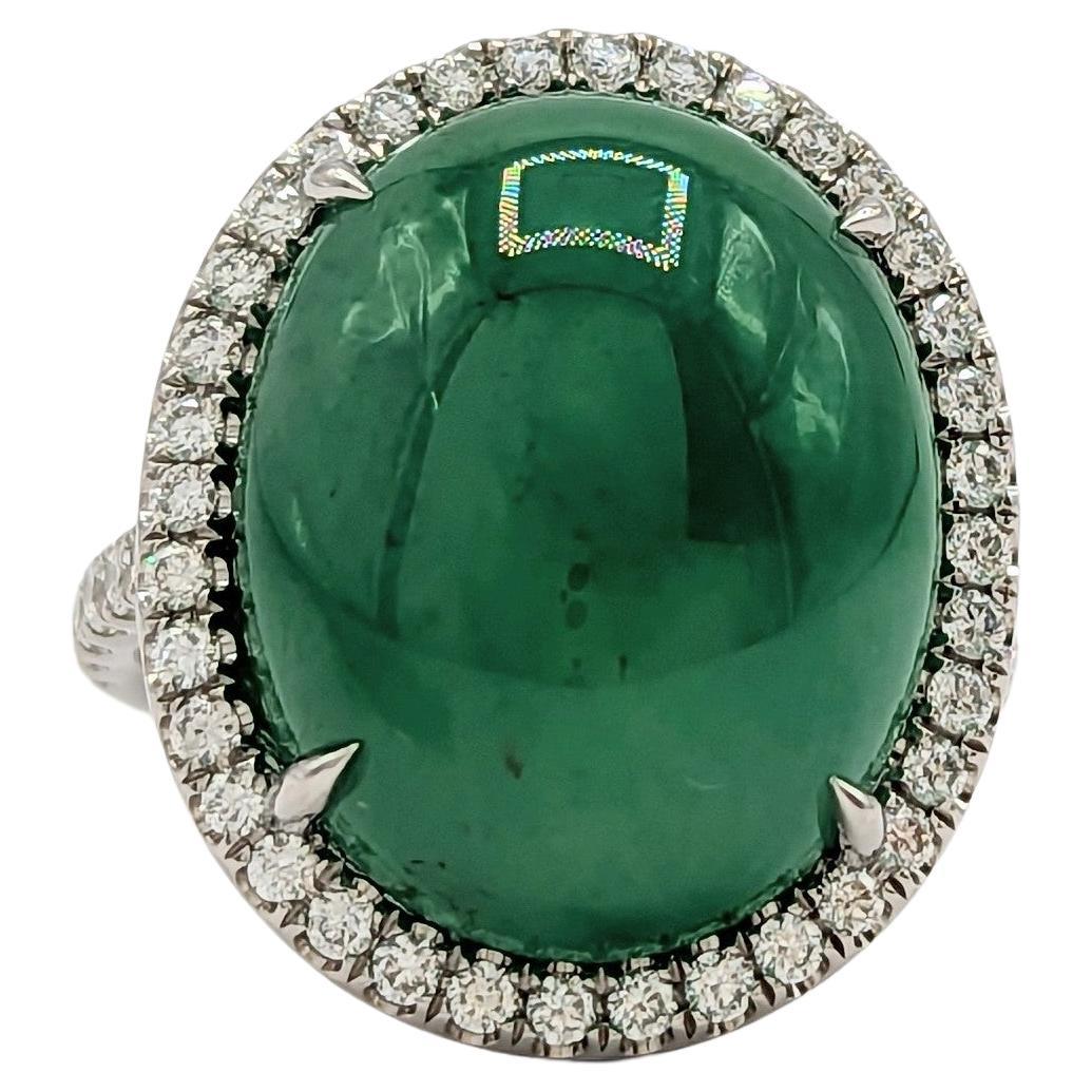GIA Green Jadeite Oval Cabochon and White Diamond Ring in Platinum For Sale