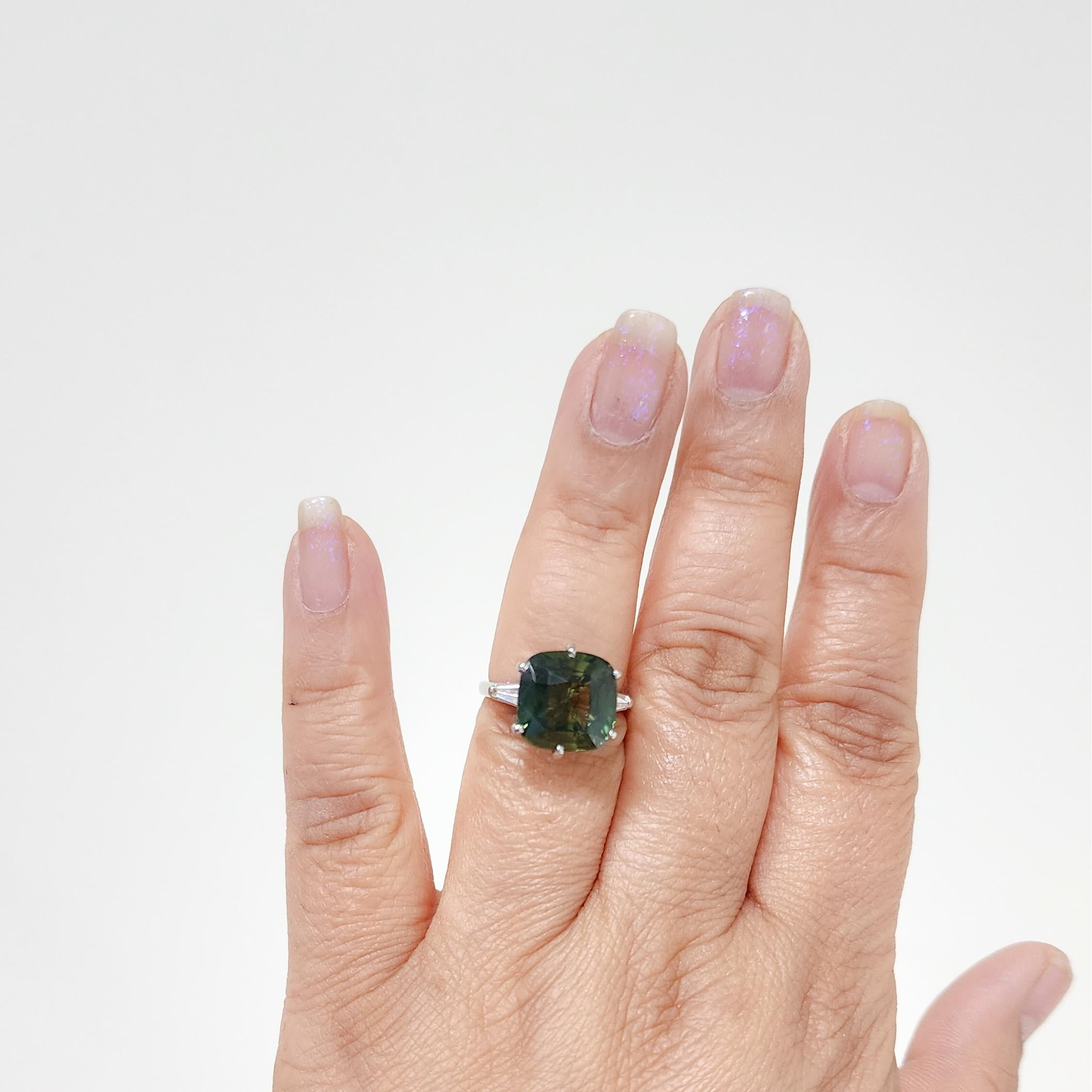 Cushion Cut GIA Green Sapphire Cushion and White Diamond Cocktail Ring in Platinum For Sale