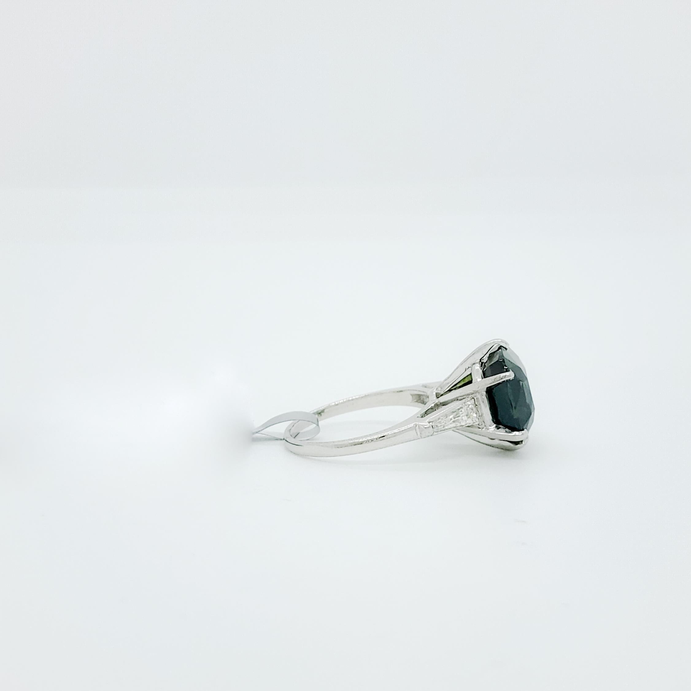 GIA Green Sapphire Cushion and White Diamond Cocktail Ring in Platinum In New Condition For Sale In Los Angeles, CA