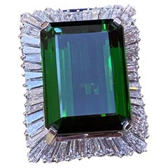 GIA Green Tourmaline and Diamond Ballerina Ring in 14k White Gold