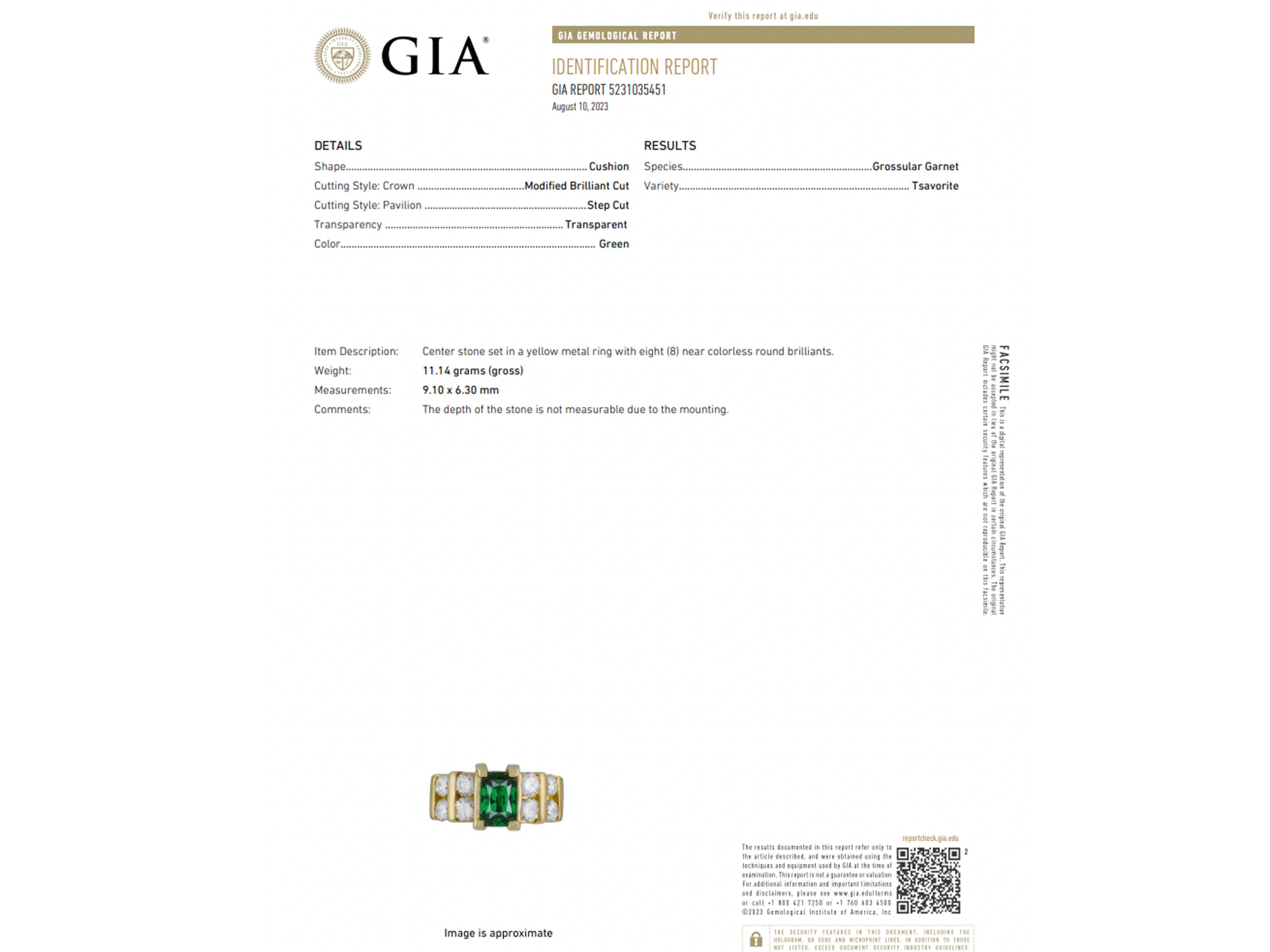 GIA Green Tsavorite Garnet and Diamond Ring in 14k Yellow Gold For Sale 3
