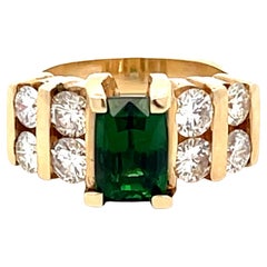 Retro GIA Green Tsavorite Garnet and Diamond Ring in 14k Yellow Gold